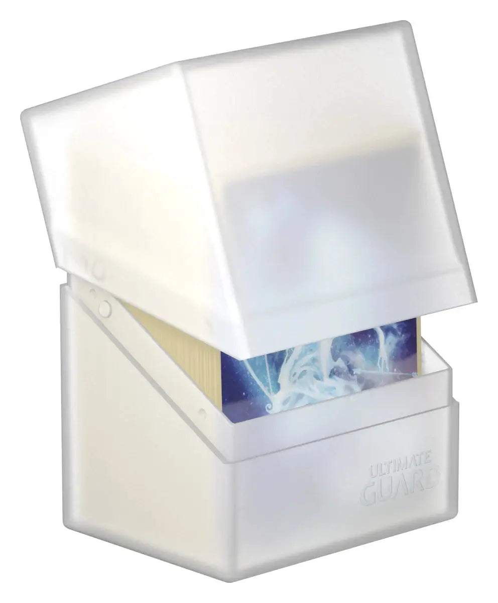 Ultimate Guard Boulder 80+ storage box for trading cards, black plastic with secure lid and easy access for card collection organization.