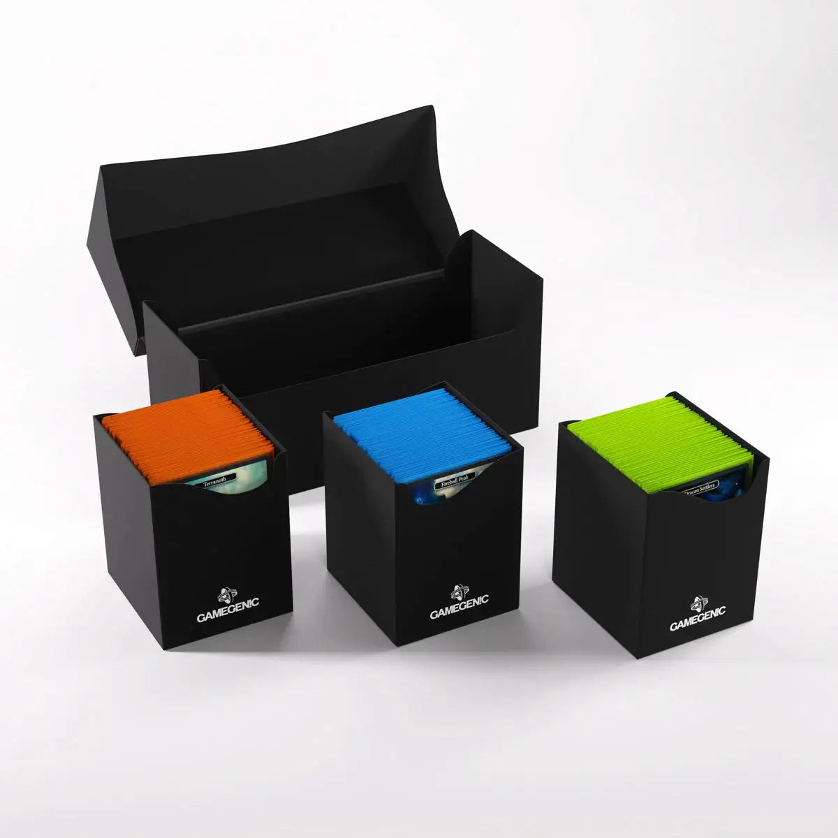 Black Gamegenic Triple Deck Holder 300+ XL for organizing trading card decks, made by THE MIGHTY HOBBY SHOP