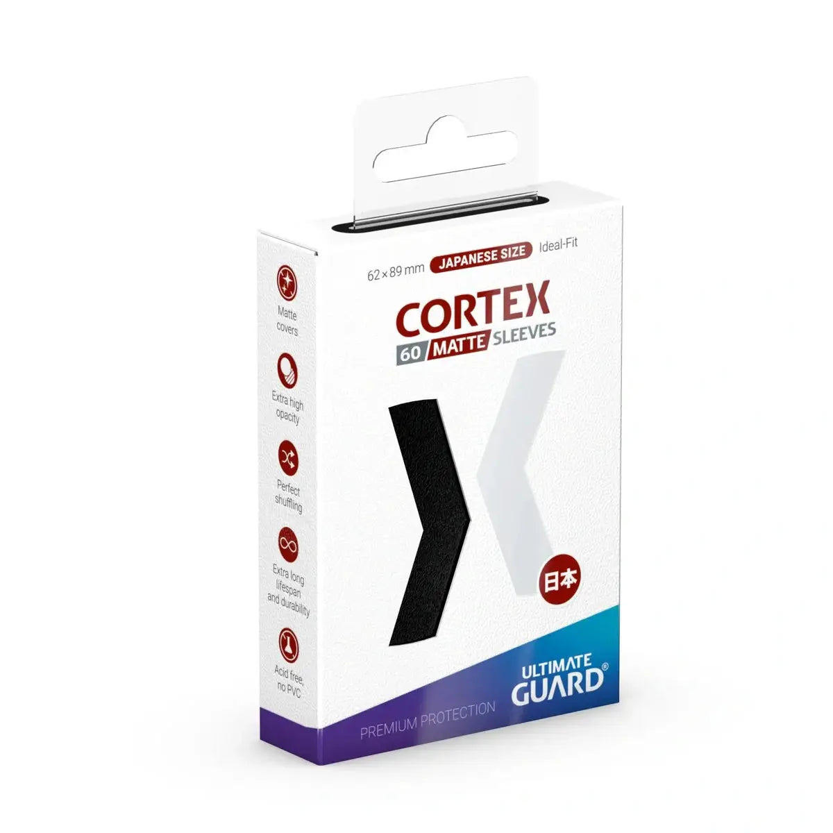 Japanese size 60 Cortex sleeves by THE MIGHTY HOBBY SHOP, featuring clear plastic sleeves for card protection.