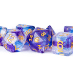 16mm midnight blue poly dice set from THE MIGHTY HOBBY SHOP, featuring a variety of polyhedral dice on a plain background.