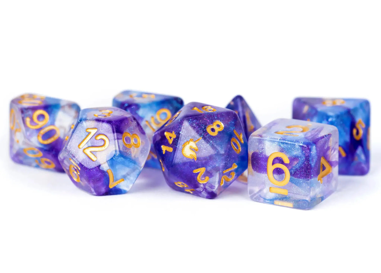 16mm midnight blue poly dice set from THE MIGHTY HOBBY SHOP, featuring a variety of polyhedral dice on a plain background.