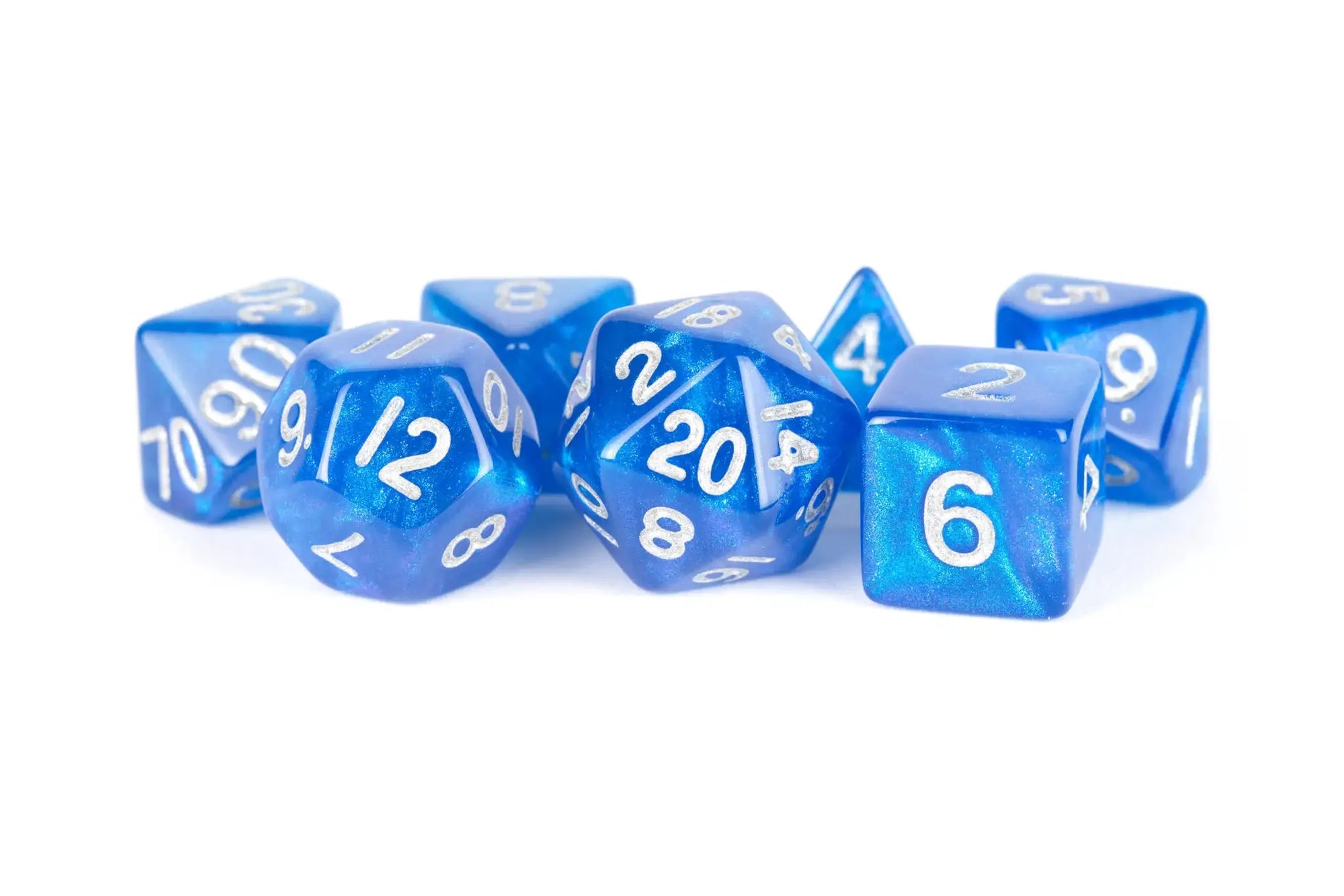 Blue and silver 16mm polyhedral dice set with stardust design and numbered faces, perfect for tabletop gaming.