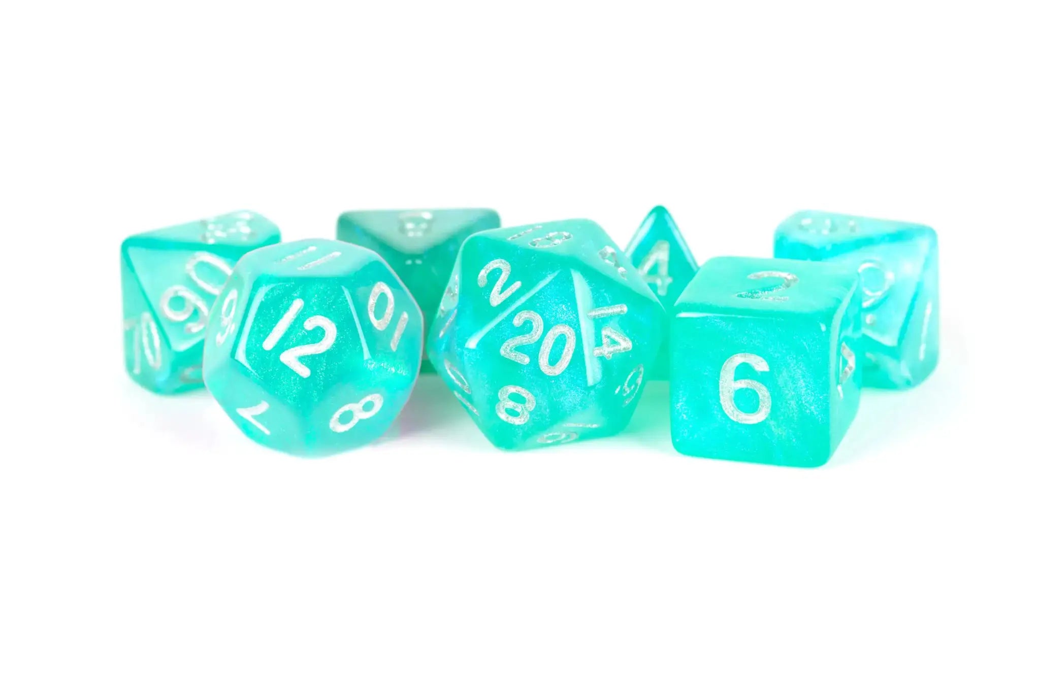 Turquoise 16mm polyhedral dice set with stardust finish from THE MIGHTY HOBBY SHOP, showing multiple dice with numbered faces.