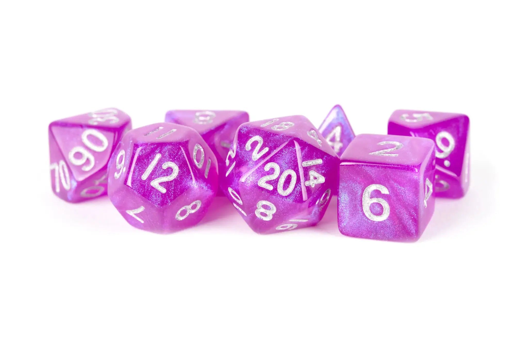 Purple 16mm polyhedral dice set with stardust purple coloring, perfect for tabletop gaming from THE MIGHTY HOBBY SHOP.