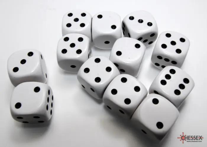 Set of ten white opaque d10 dice from Chessex, featuring bold black numbering, perfect for tabletop gaming and role-playing games.