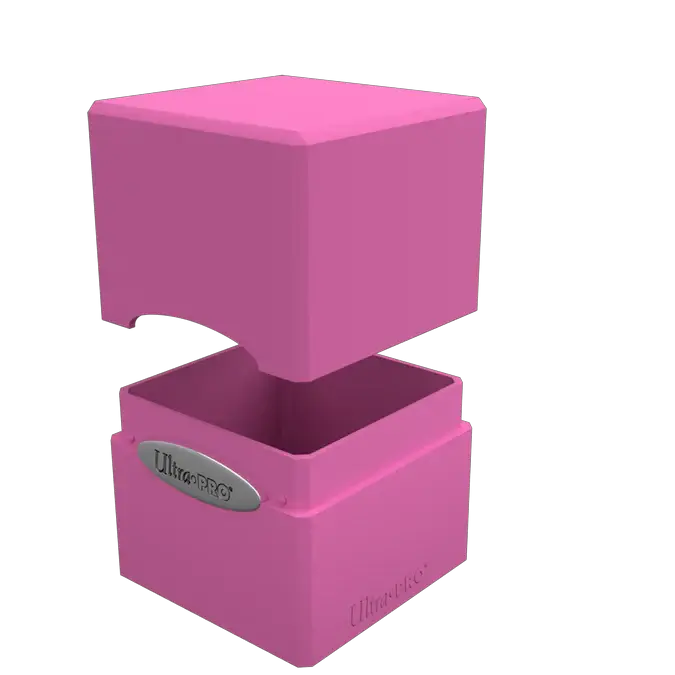 Pink satin cube toy with smooth surface and shiny finish, ideal for stacking or decorative display.