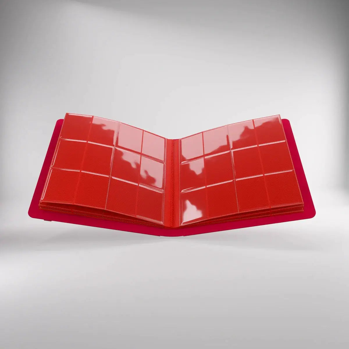 Red PRIME ALBUM 24-Pocket storage album by THE MIGHTY HOBBY SHOP, showing open pages with multiple clear pockets for collectible cards.