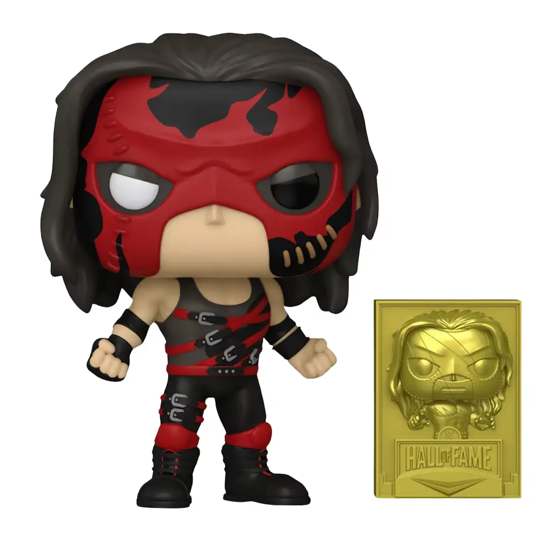 Funko Kane WWE Hall of Fame Fanatics Exclusive Pop! Vinyl figure, featuring detailed wrestling character design on a display stand