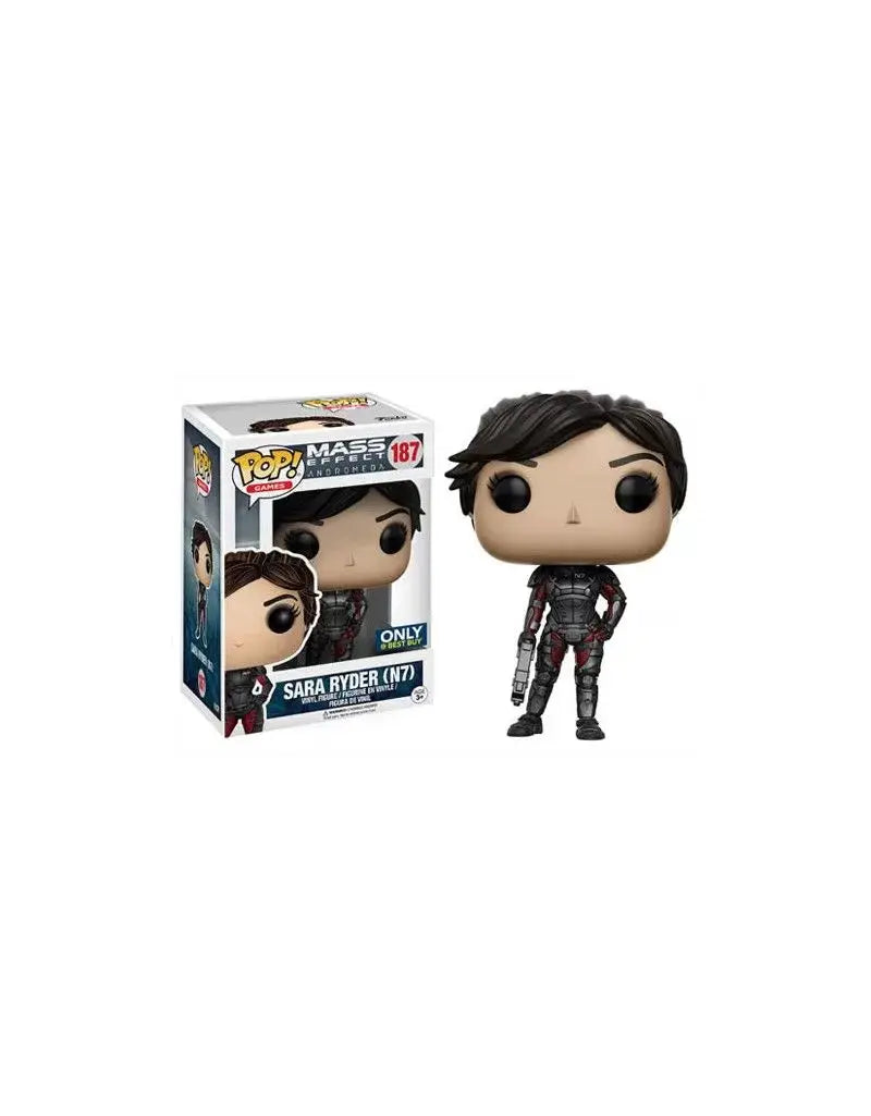 Funko Pop! figure of Sara Ryder N7 from Mass Effect Andromeda, collectible gaming character in original packaging.