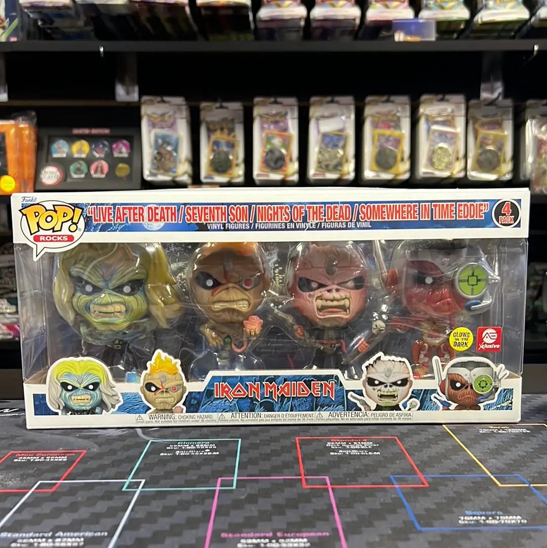 Pop! Rocks Iron Maiden Eddie 4-pack glow-in-the-dark box set figure collection, featuring iconic band characters by THE MIGHTY HOBBY SHOP.