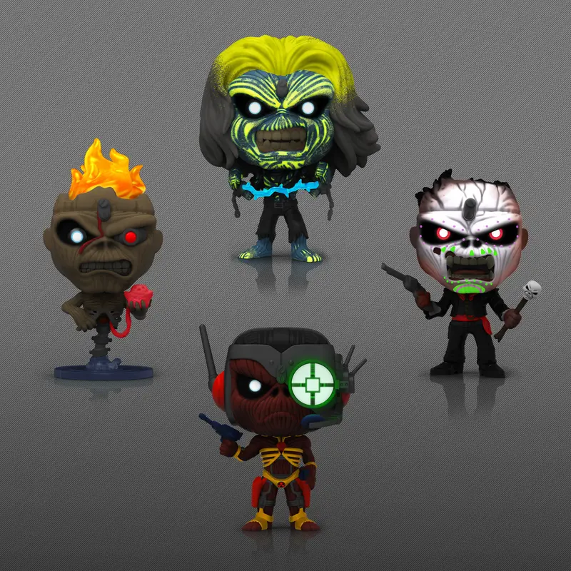 Pop! Rocks Iron Maiden Eddie 4-pack glow-in-the-dark box set featuring collectible figures from THE MIGHTY HOBBY SHOP.