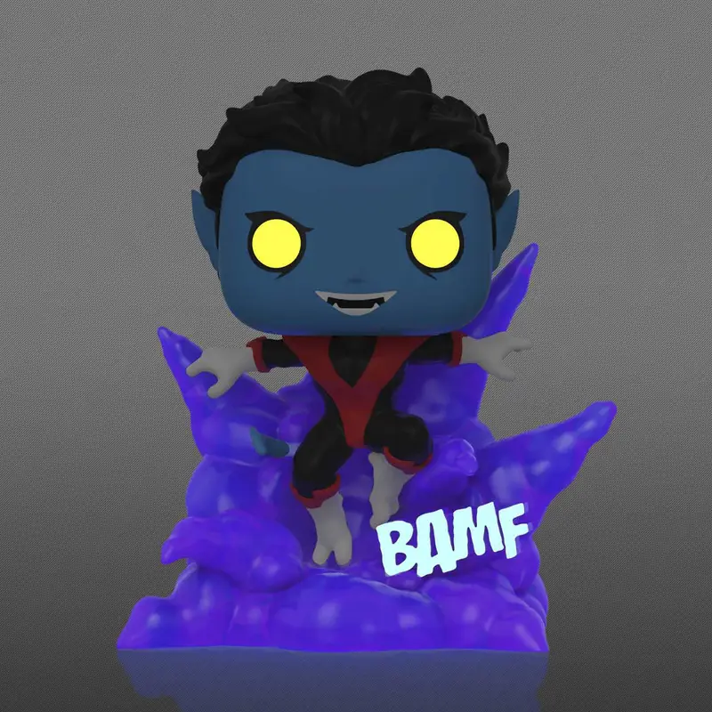 Glow-in-the-dark Pop! Deluxe Nightcrawler figure from Marvel's X-Men series, featuring detailed design and vibrant colors.
