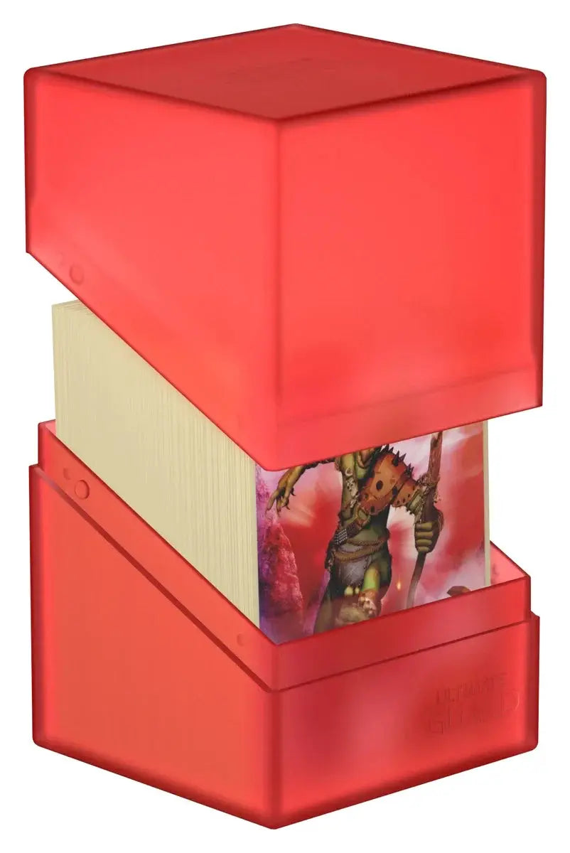 Ultimate Guard Boulder 100+ card storage box by The Mighty Hobby Shop, open with multiple trading cards inside, black exterior.