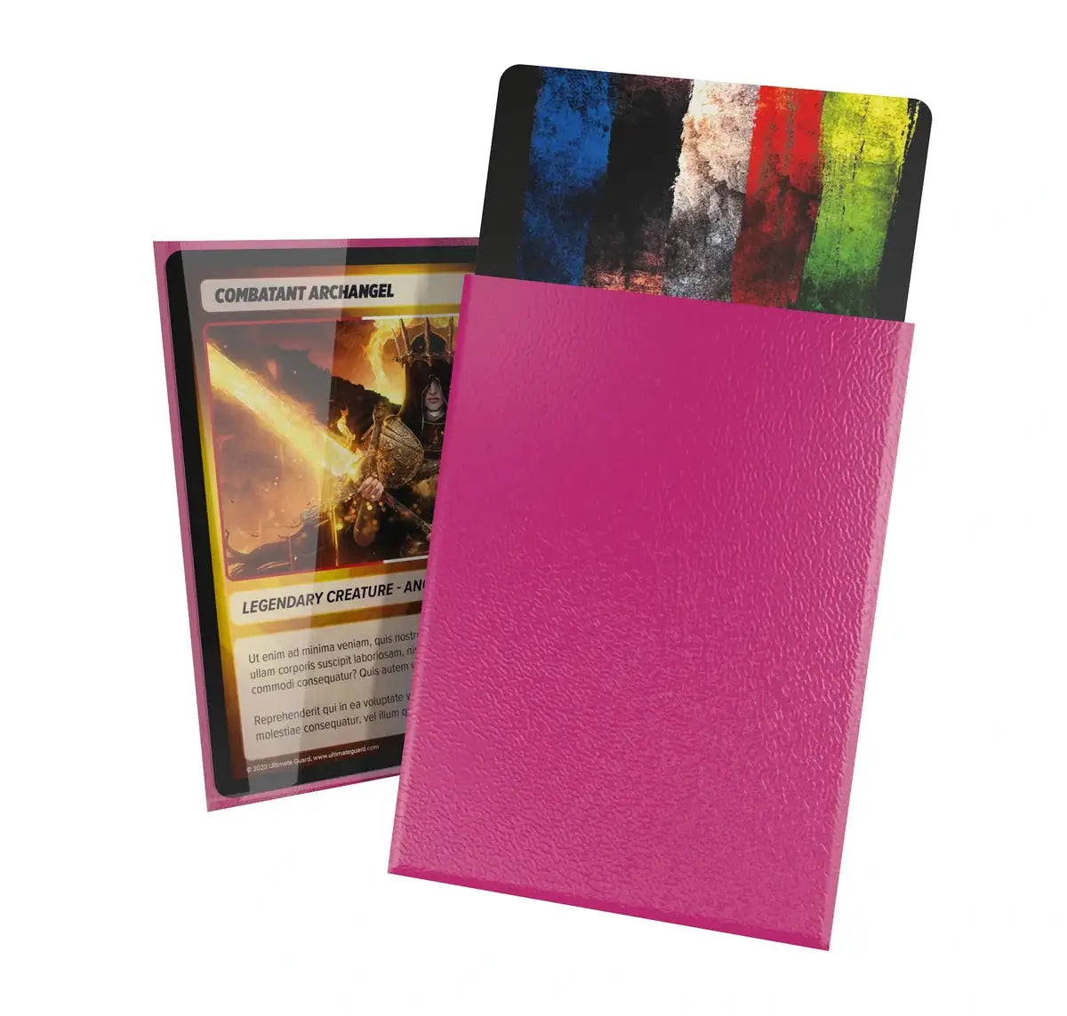 Clear standard size Ultimate Guard Cortex sleeves for trading cards, showing their transparent, smooth surface and snug fit.