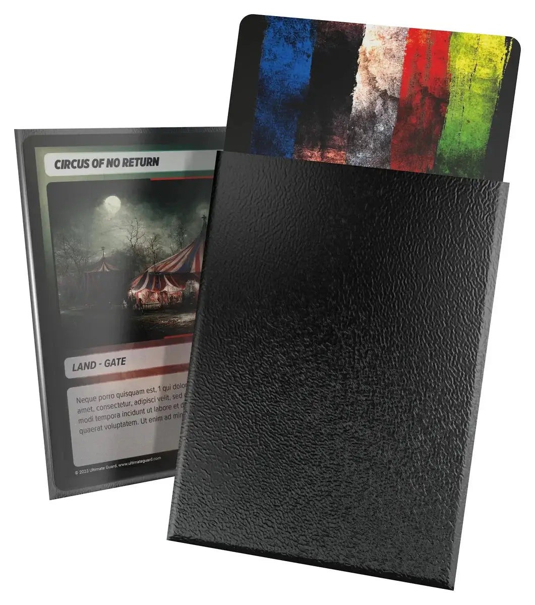 Standard size Ultimate Guard Cortex sleeves by The Mighty Hobby Shop, shown in a 3D image, featuring clear, protective card sleeves.