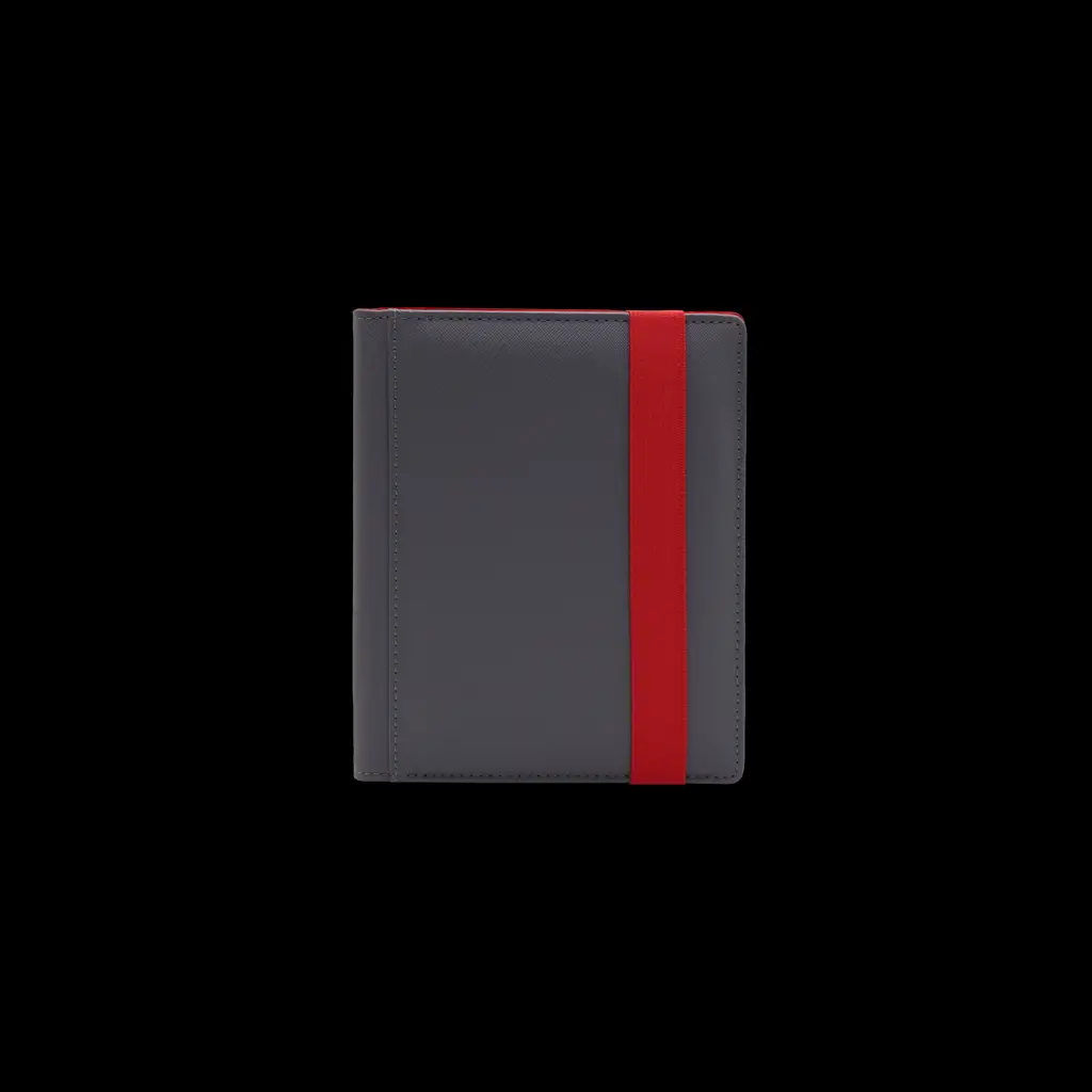 Gray DEX PROTECTION: The DEX BINDER 4 from THE MIGHTY HOBBY SHOP, shown open with pages inside and a black background.