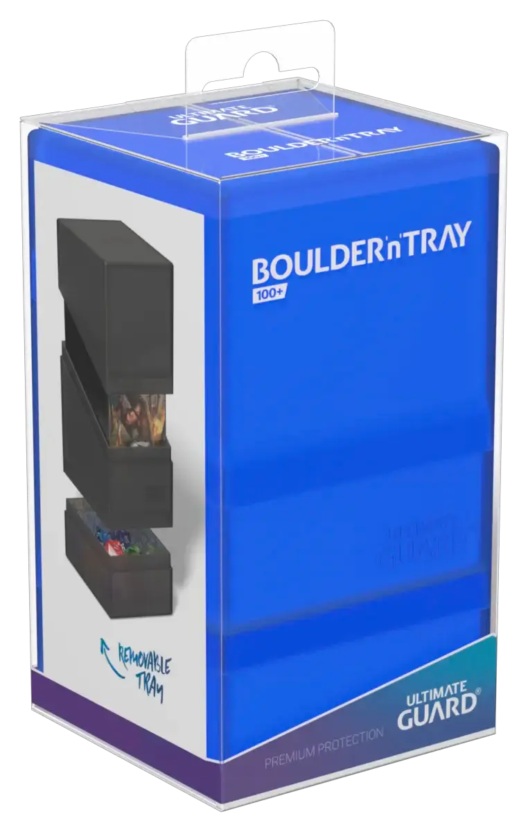 Ultimate Guard Boulder'n'Tray 100+ protective card storage box, black with clear lid for trading card organization.