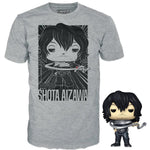 Pop! & TEE Shota Aizawa figure and T-shirt from My Hero Academia featuring the hero in a dynamic pose, detailed design and vibrant colors.