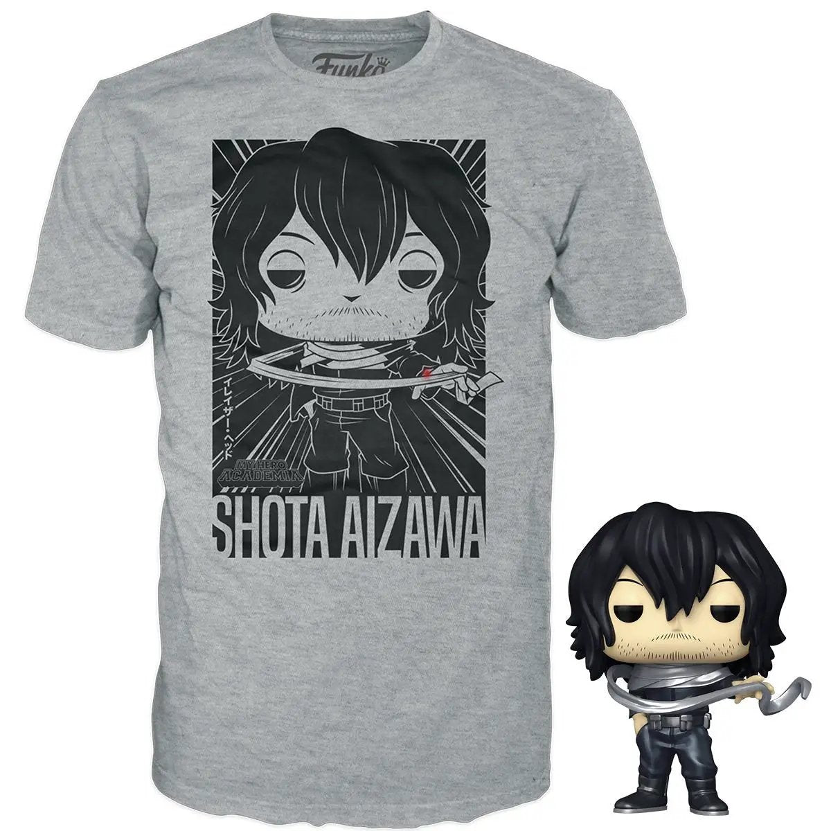 Pop! & TEE Shota Aizawa figure and T-shirt from My Hero Academia featuring the hero in a dynamic pose, detailed design and vibrant colors.