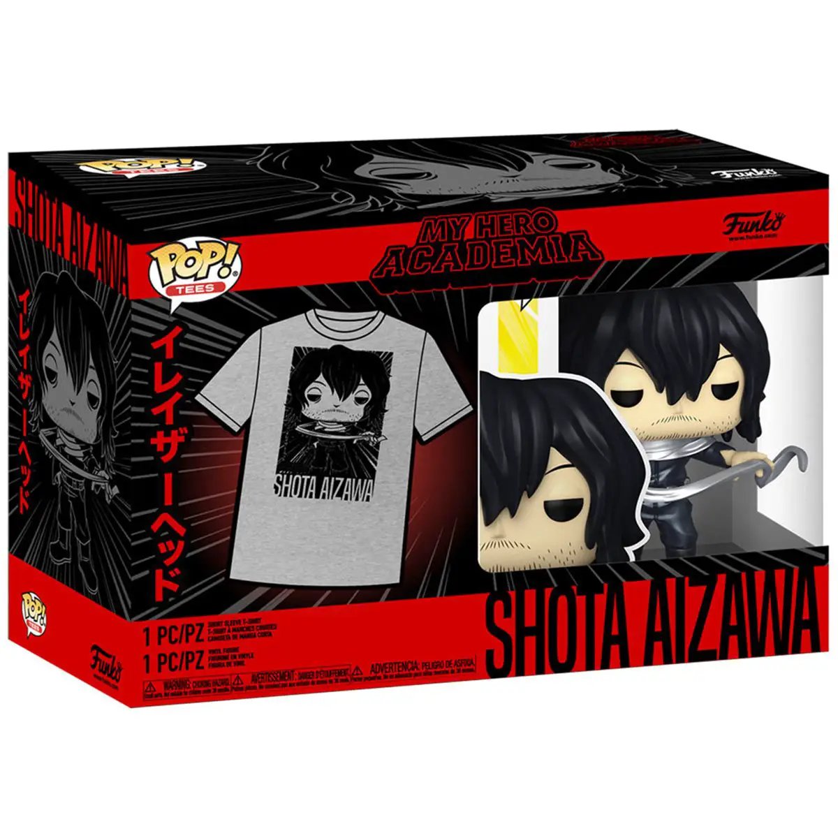 Pop! & TEE Shota Aizawa from My Hero Academia collectible figure and graphic t-shirt by THE MIGHTY HOBBY SHOP displayed in the image.