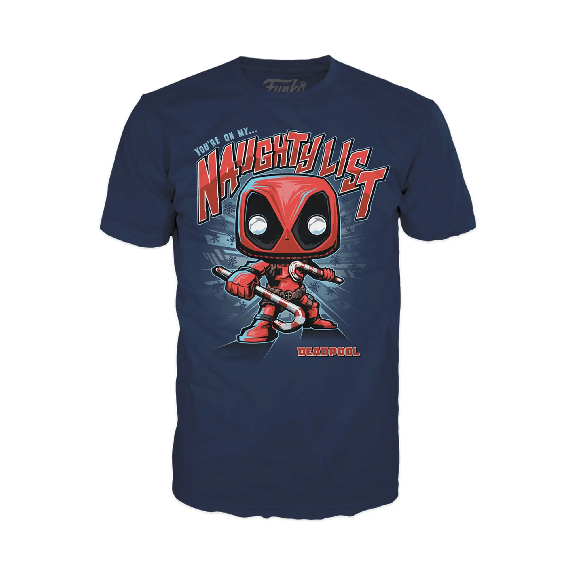 Marvel Deadpool holiday POP! figure and matching T-shirt from THE MIGHTY HOBBY SHOP, featuring Deadpool in festive holiday attire.