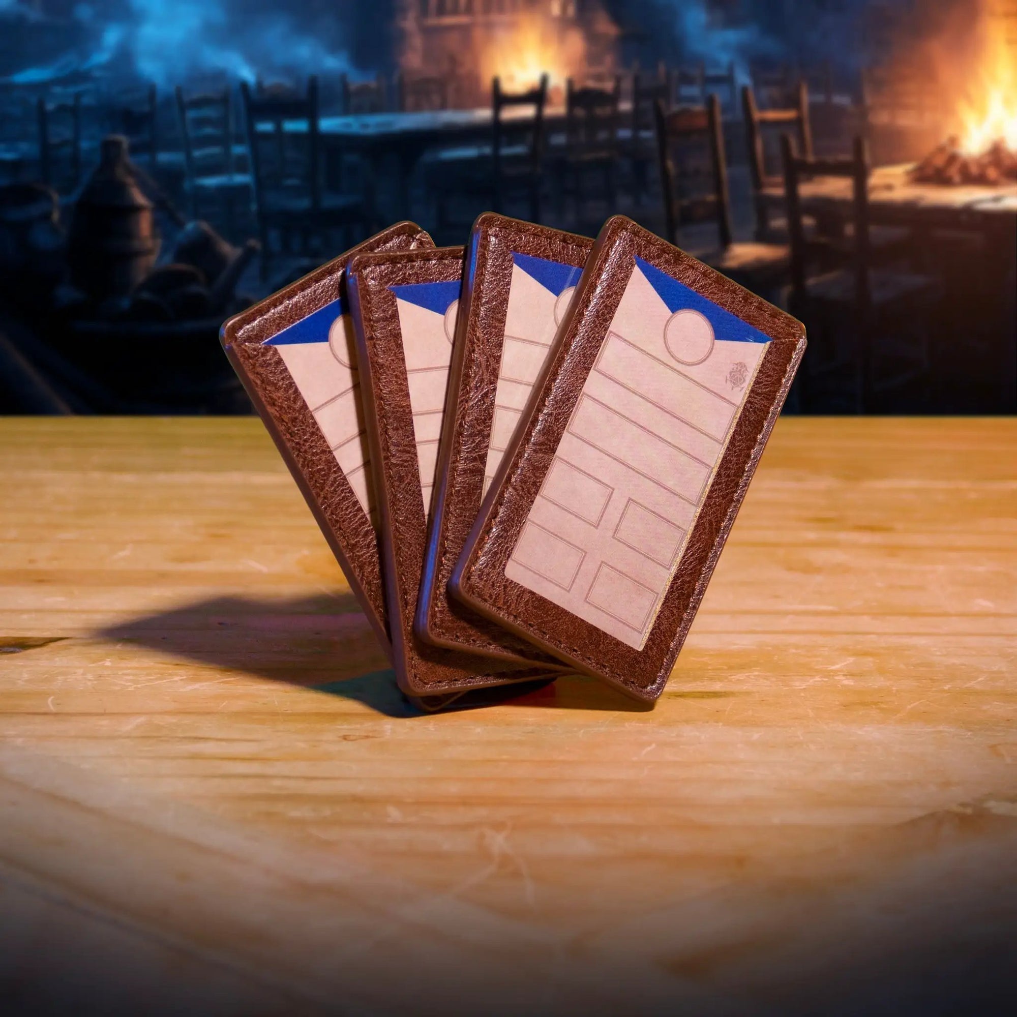 Set of four magnetic initiative trackers for D&D 5e and TTRPG combat, featuring brown cards by The Ultimate Game Master.