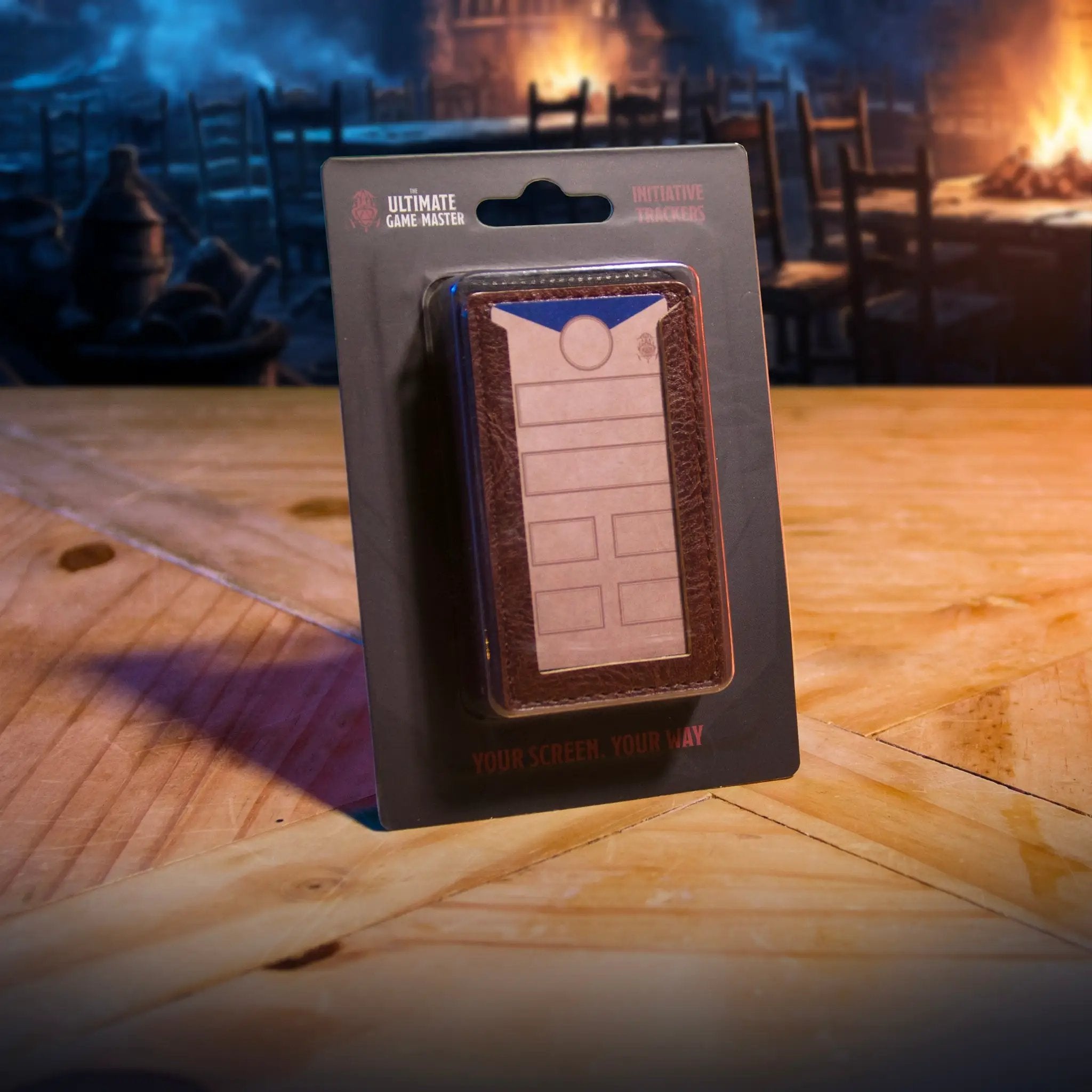 Set of four brown magnetic initiative trackers for D&D 5e and TTRPG combat management by The Ultimate Game Master.