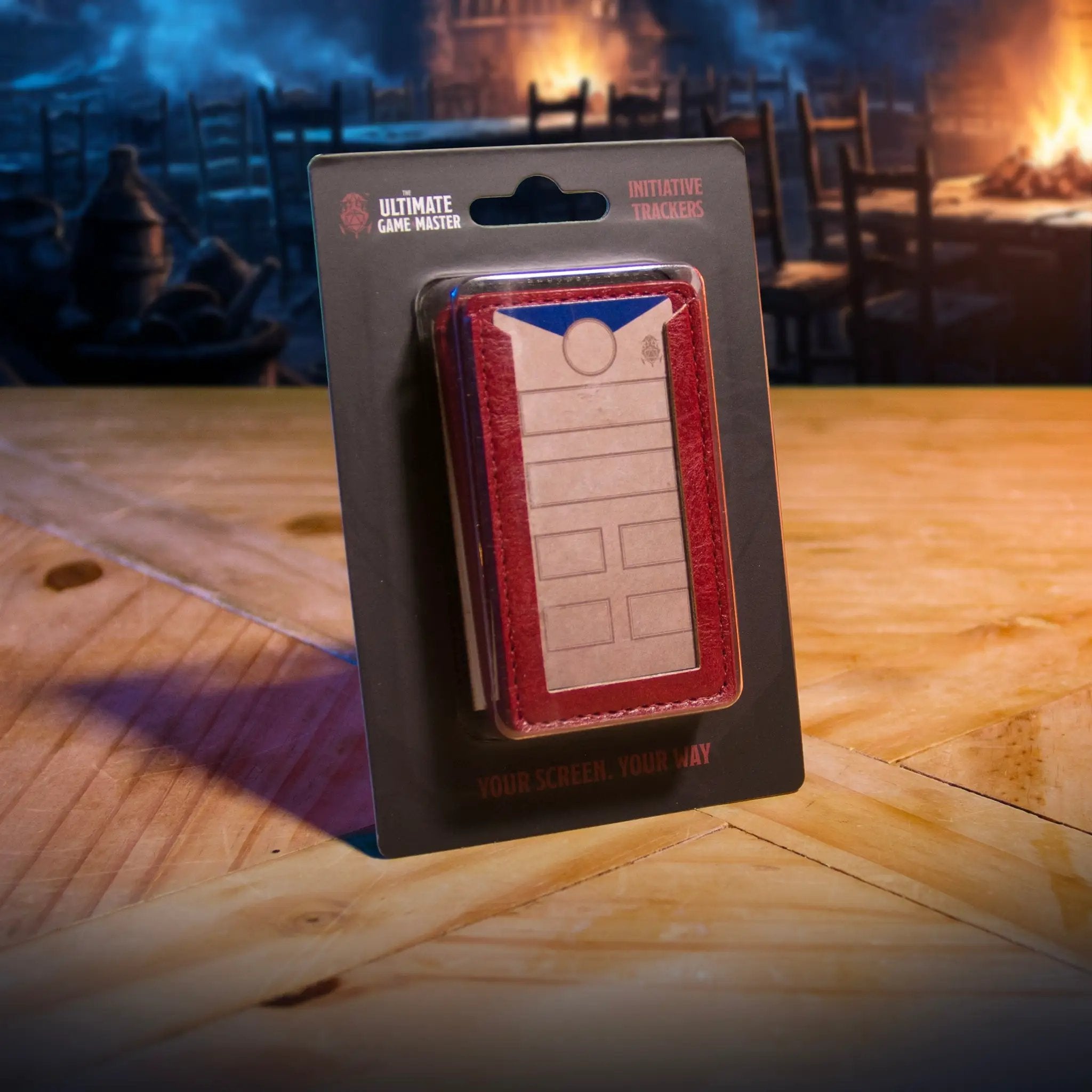 Set of four magnetic initiative trackers for D&D 5e and TTRPG combat management, featuring brown design and turn order cards.