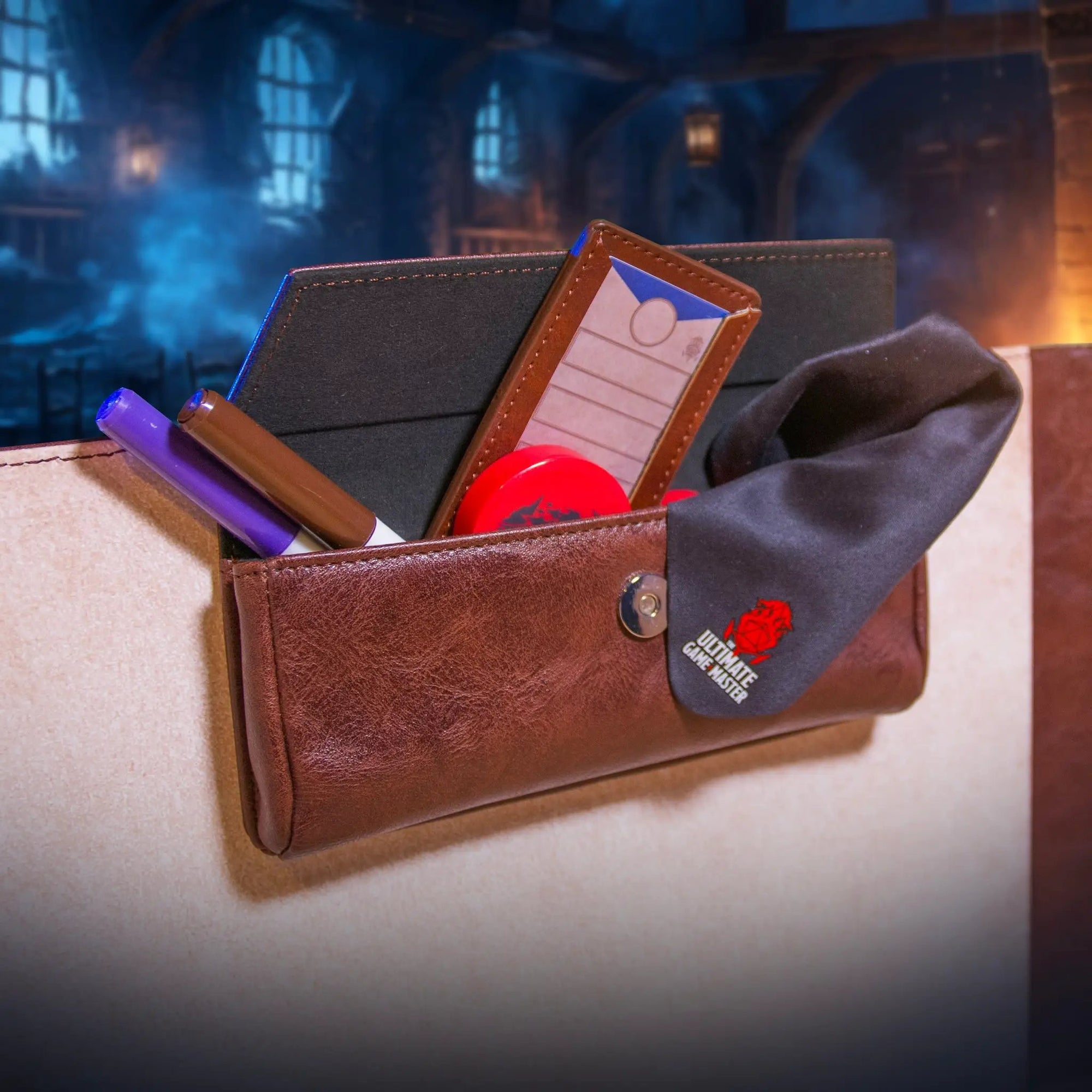 Large magnetic pouch by The Ultimate Game Master for storing game master screen accessories and DM tools.