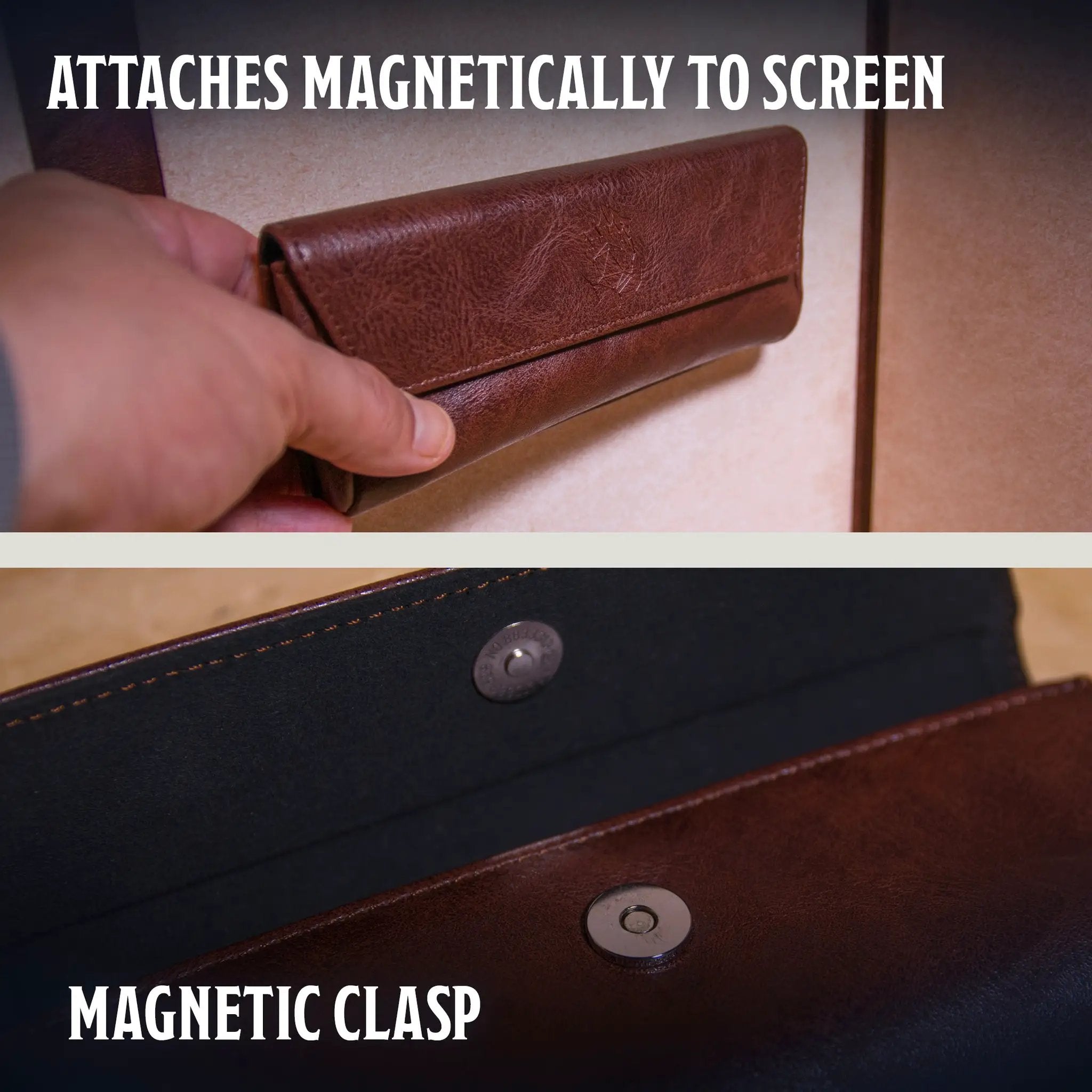 Large magnetic pouch by The Ultimate Game Master for storing game master screen accessories and DM tools. Brown, premium storage.