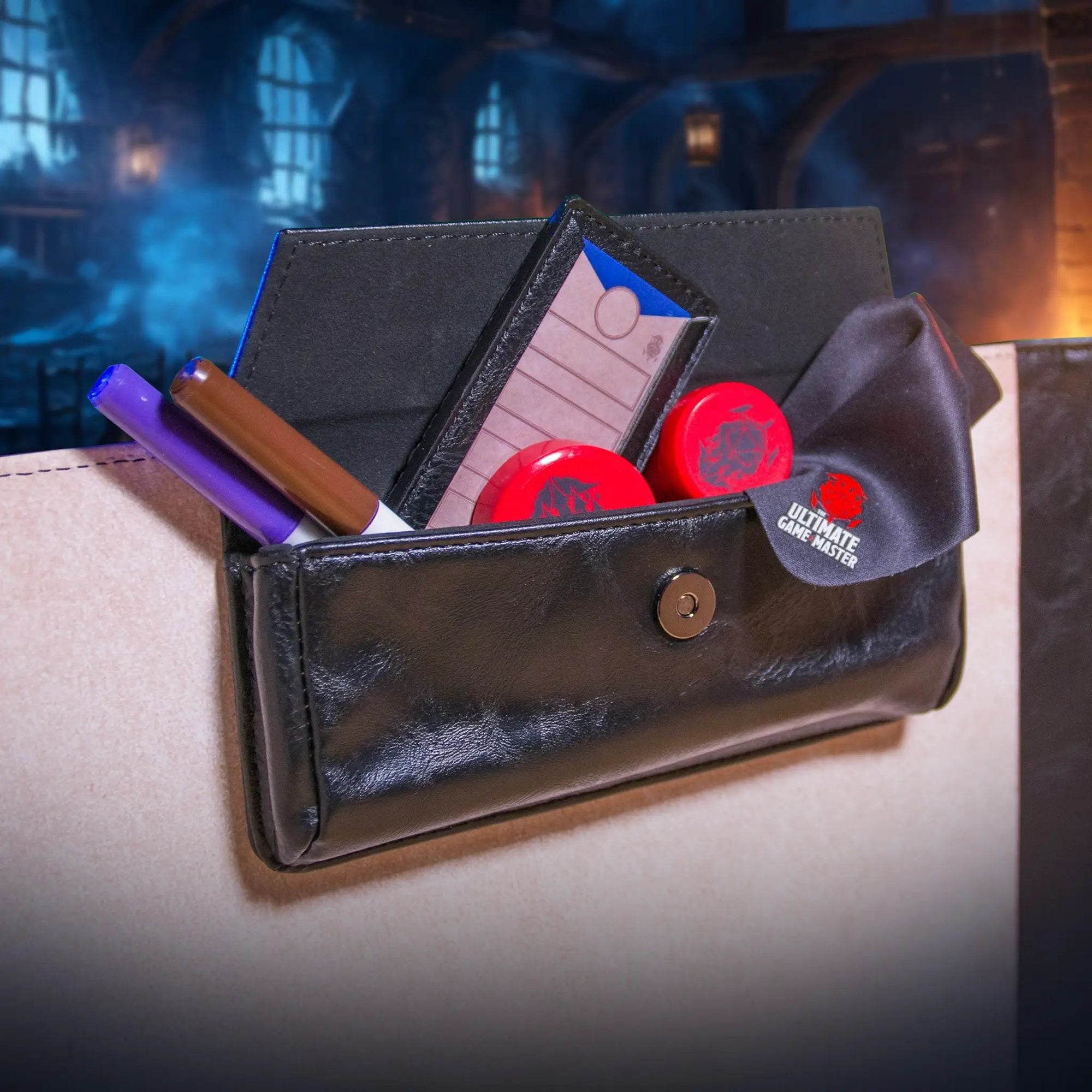 Large magnetic pouch by The Ultimate Game Master, premium storage for game master screen and DM accessories, brown color.