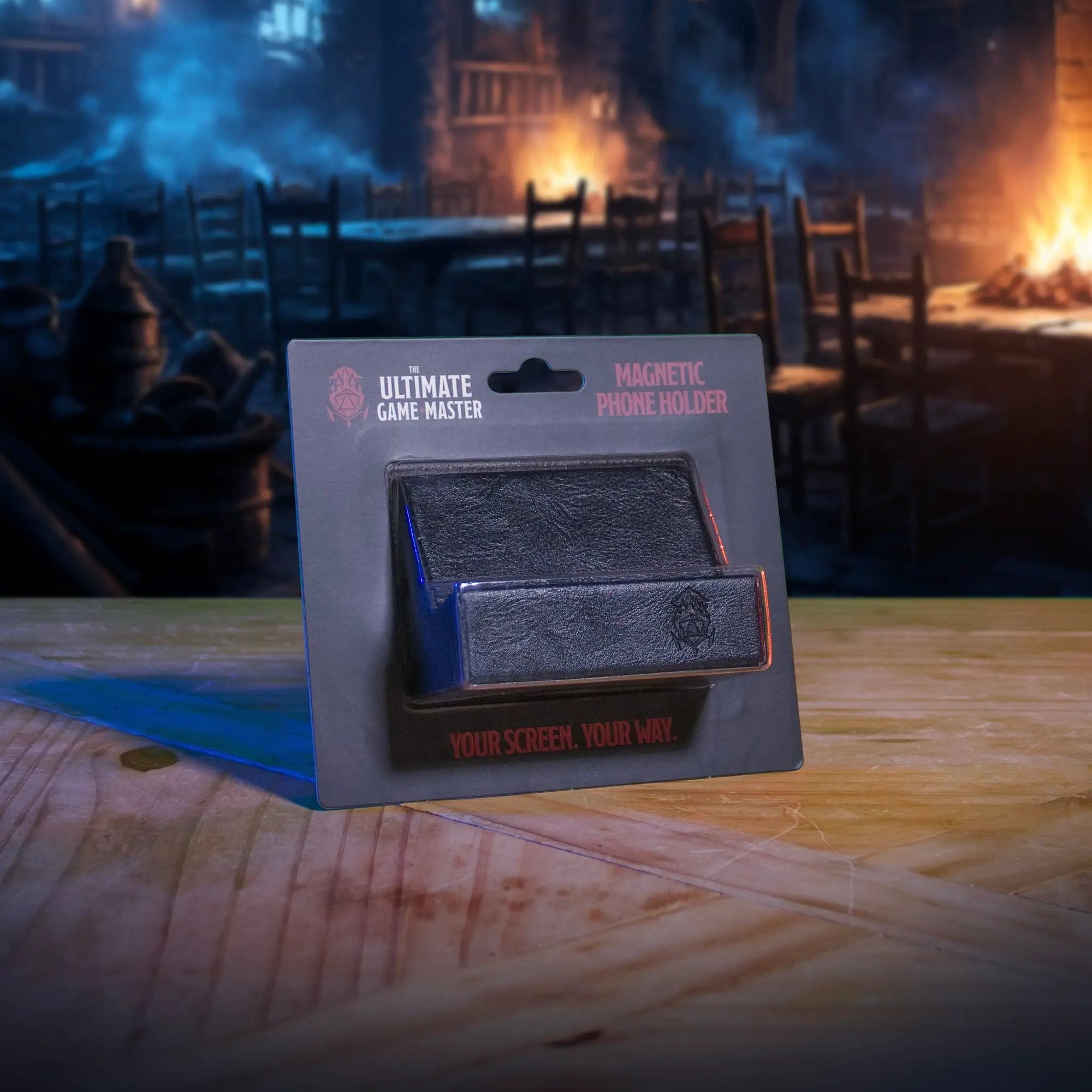 Brown magnetic phone holder by The Ultimate Game Master for digital tools, designed for game master screens and TTRPG sessions.