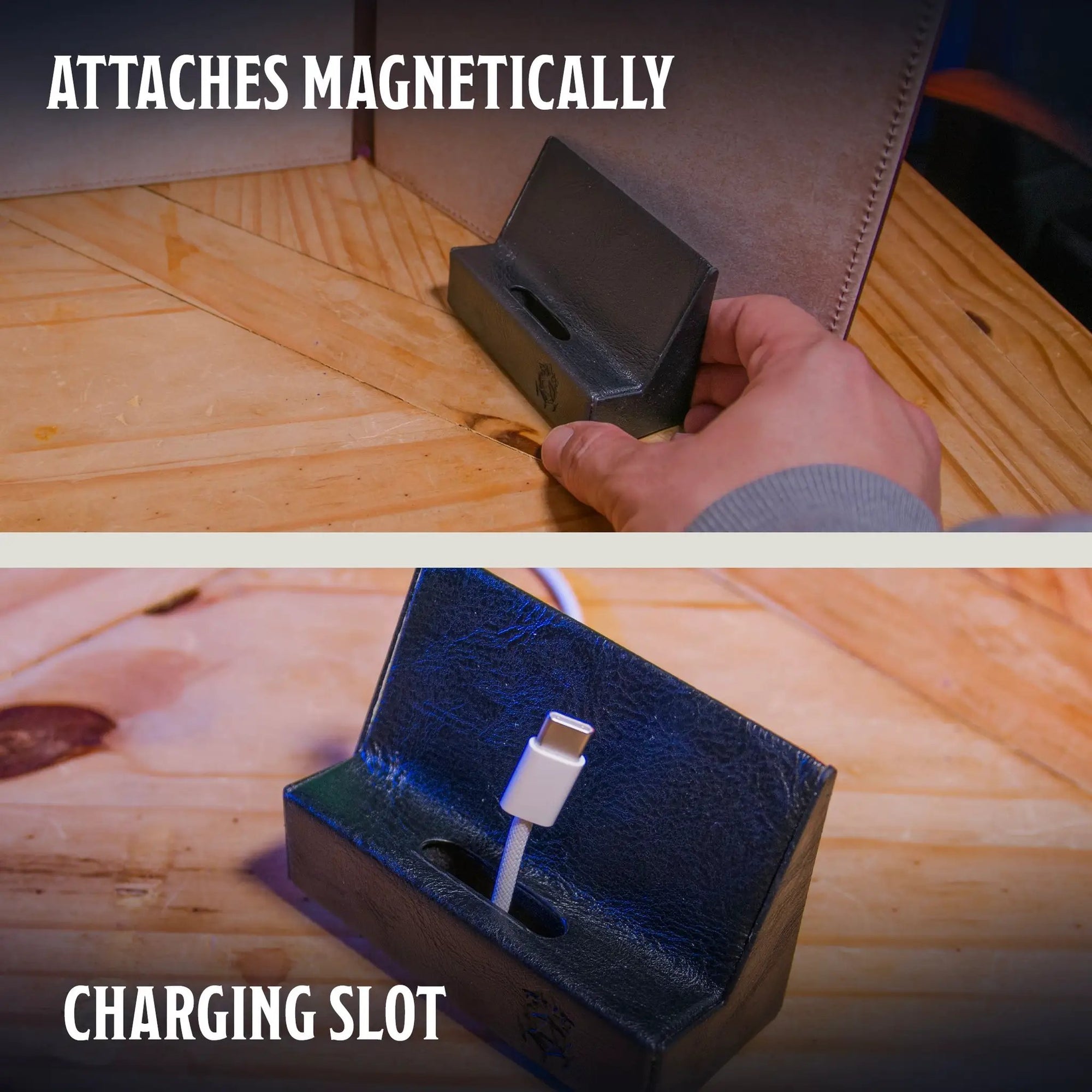 The Ultimate Game Master magnetic phone holder mounted on a game master screen, holding a smartphone for TTRPG session management.