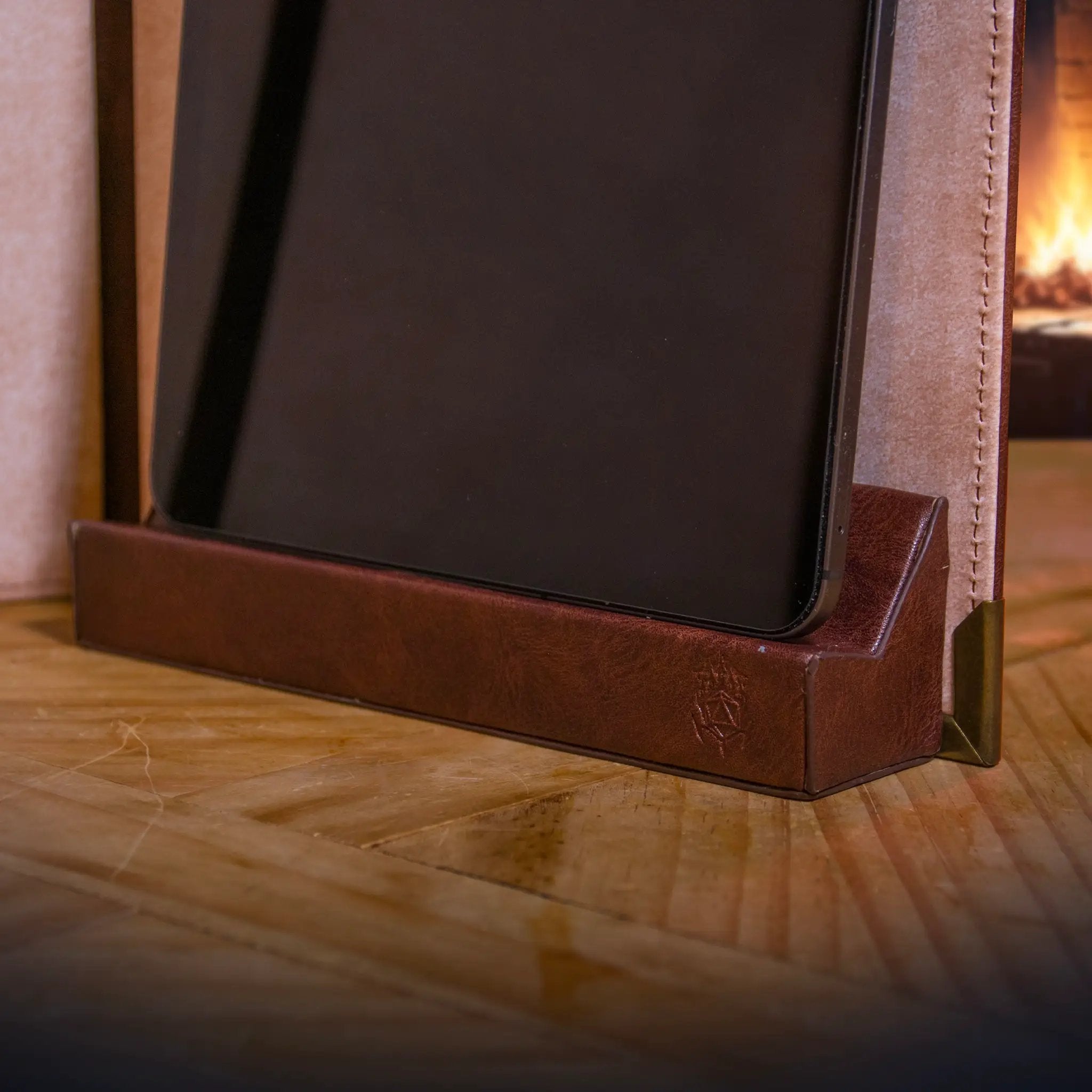 Magnetic tablet holder by The Ultimate Game Master, digital display mount for game master screen and D&D tools, brown finish.