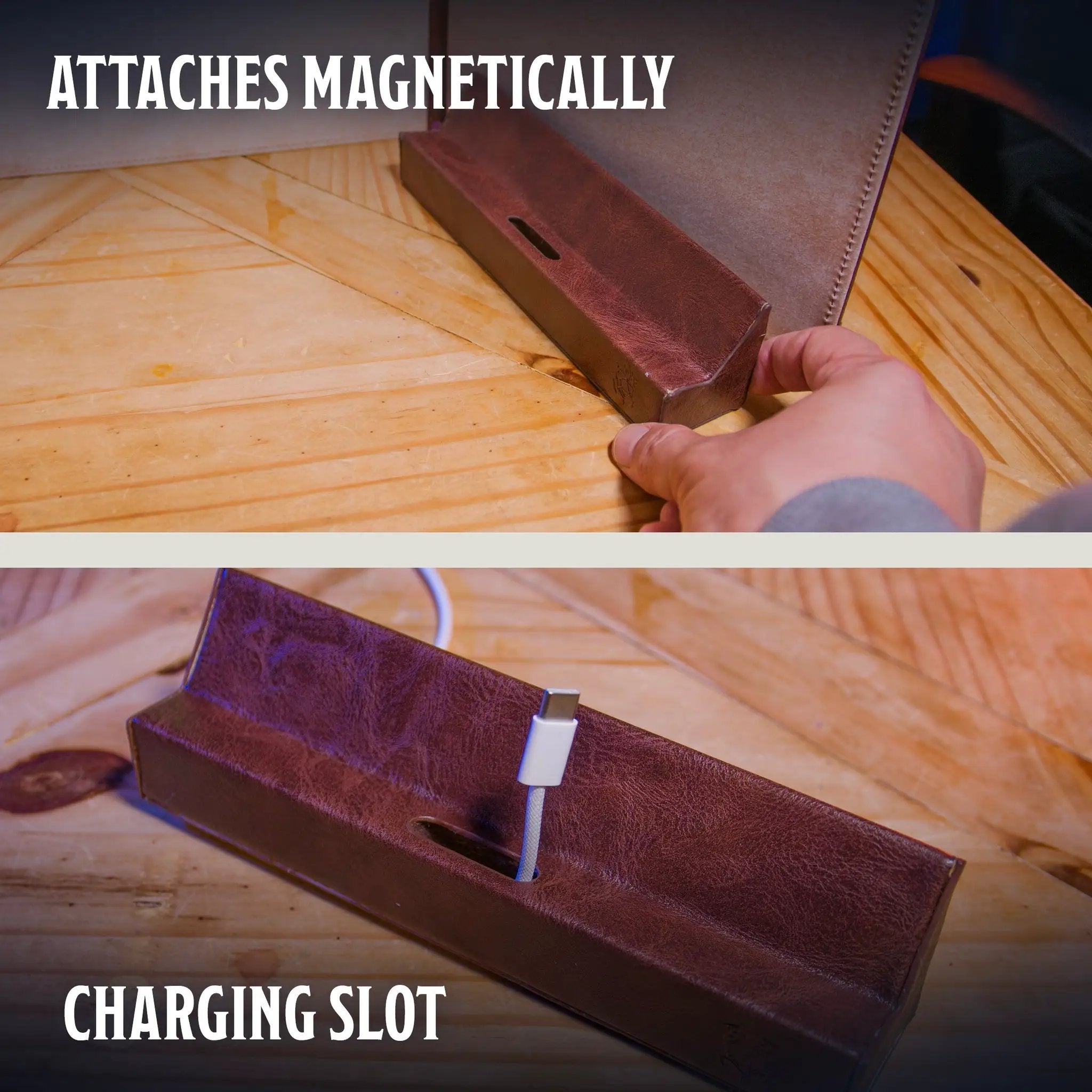 Brown magnetic tablet holder for digital display, designed for game master screen and D&D tools by The Ultimate Game Master.