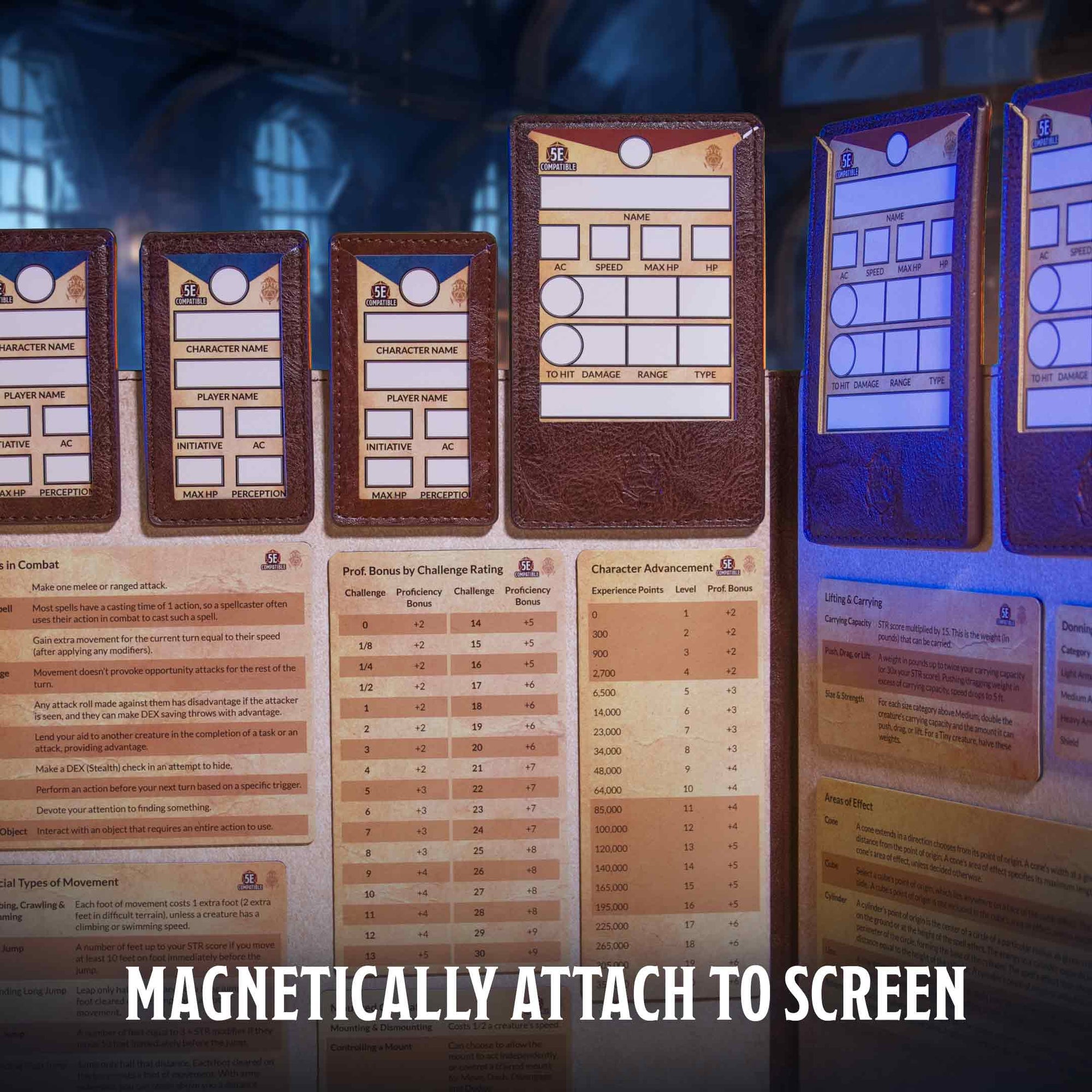 Magnetic charts and trackers for D&D 5e, part of the 5th Edition Rules Pack by The Ultimate Game Master, displayed on a game master screen.