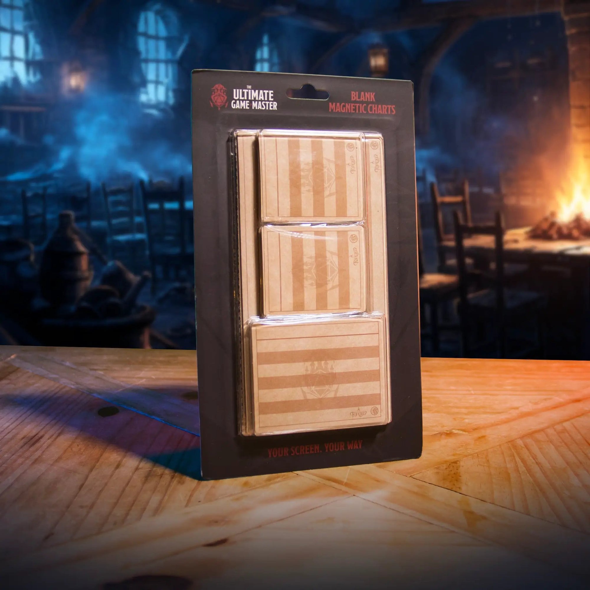 Blank magnetic charts for TTRPG game master screens by The Ultimate Game Master, customizable DM reference sheets.