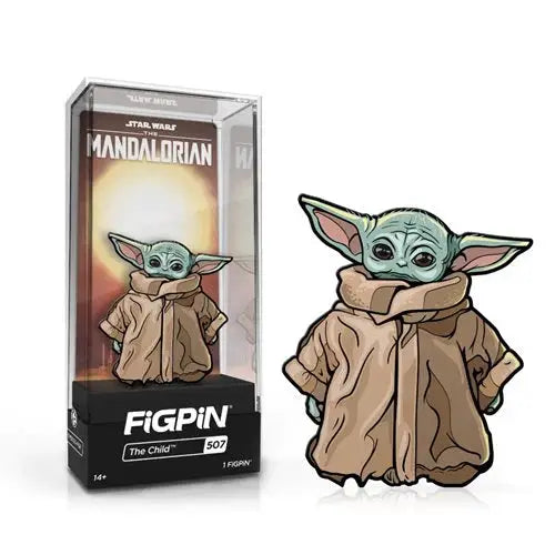 Star Wars The Mandalorian FiGPiN enamel pin featuring The Child, with detailed design and vibrant colors, on a white background.