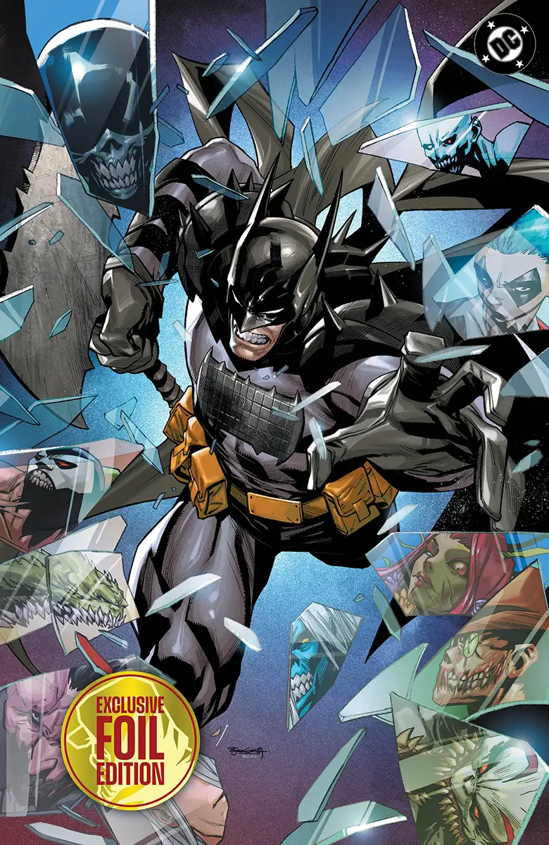 Exclusive foil variant comic book featuring Batman #22 by Stephen Segovia, with vibrant cover art and collectible sticker.