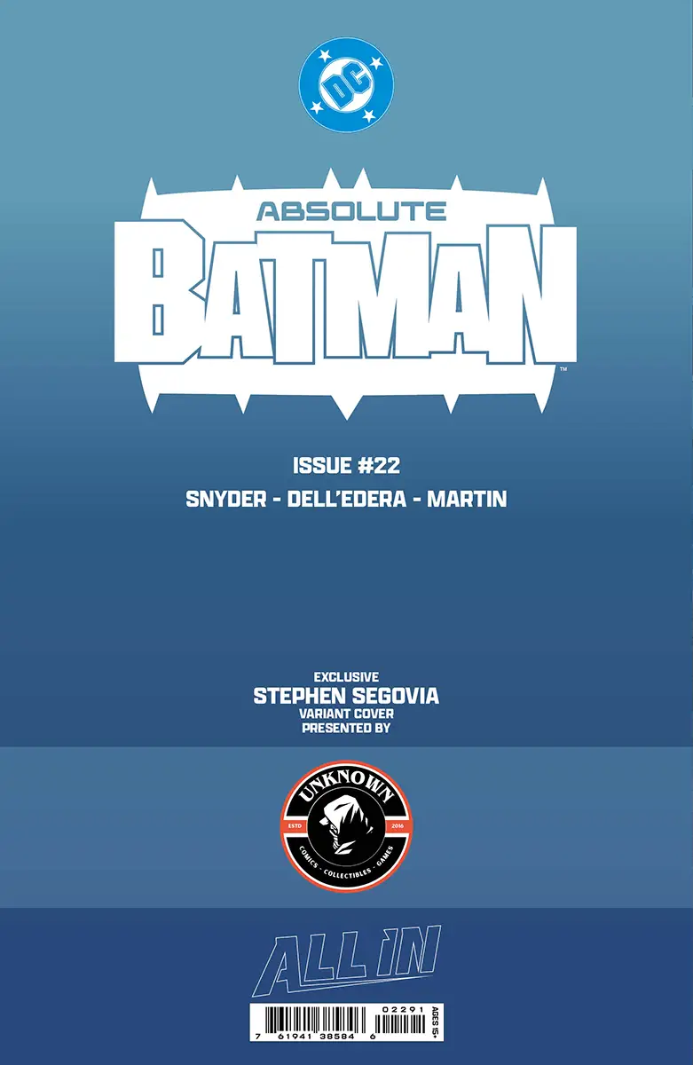 Back cover of Absolute Batman #22 comic book by Unknown Comic Books, featuring exclusive virgin variant artwork.