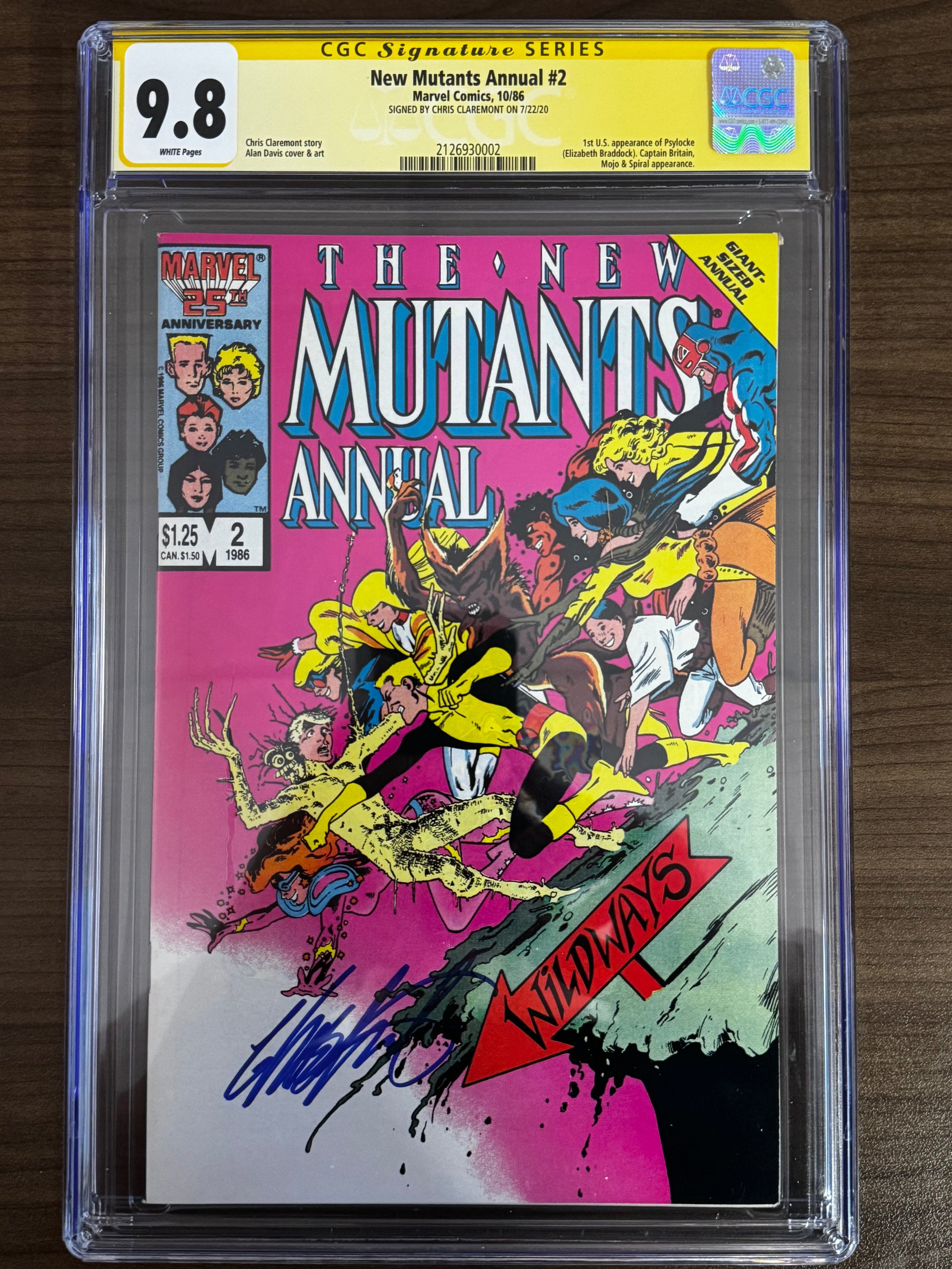 Signed NEW MUTANTS ANNUAL #2 comic book by Chris Claremont featuring the first appearance of Psylocke, graded CBCS 9.8 SS.
