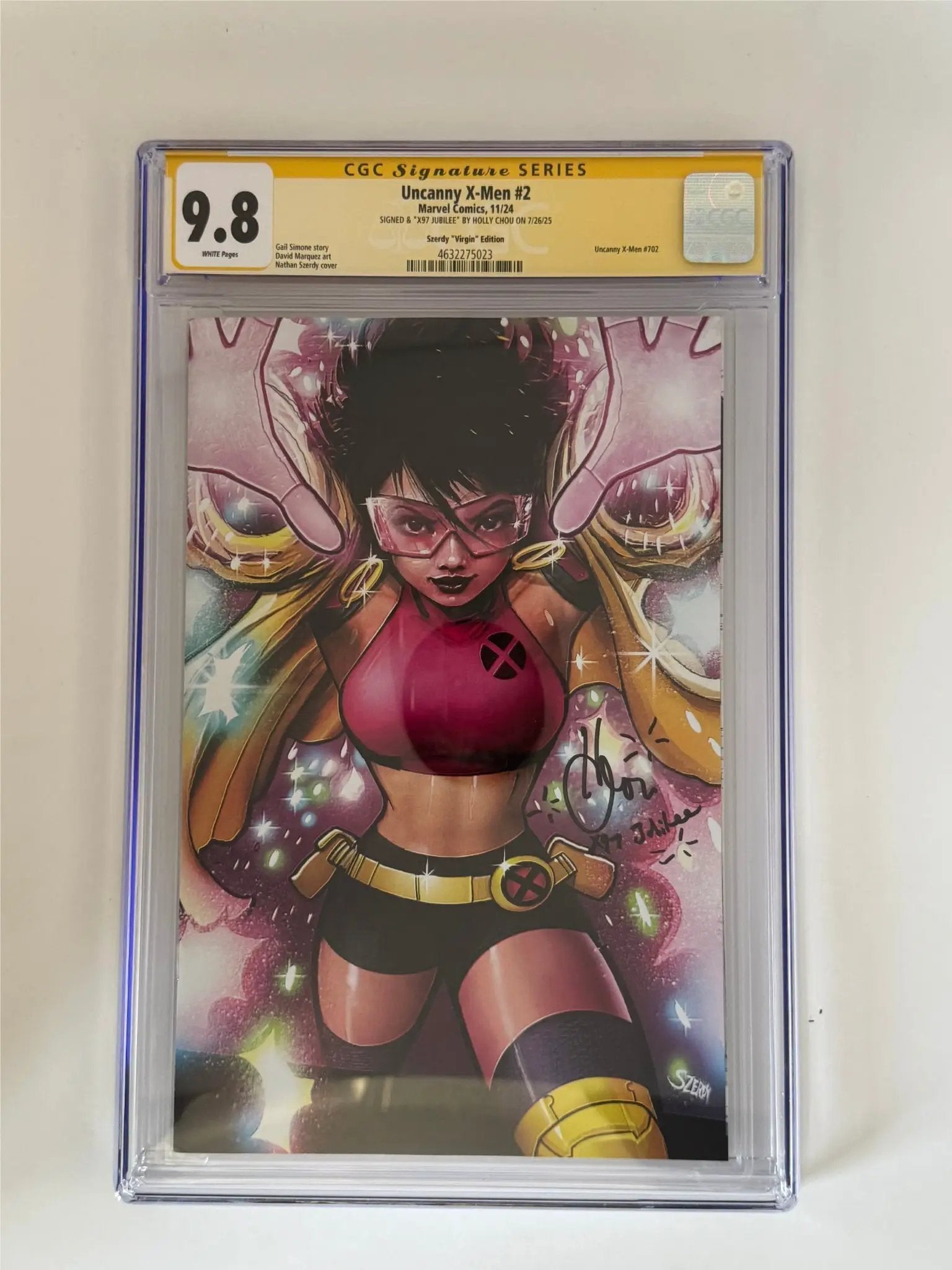 Signed Holly Chou Uncanny X-Men #2 comic book CGC 9.8 yellow label Szerdy exclusive virgin variant, with visible cover art and signature.