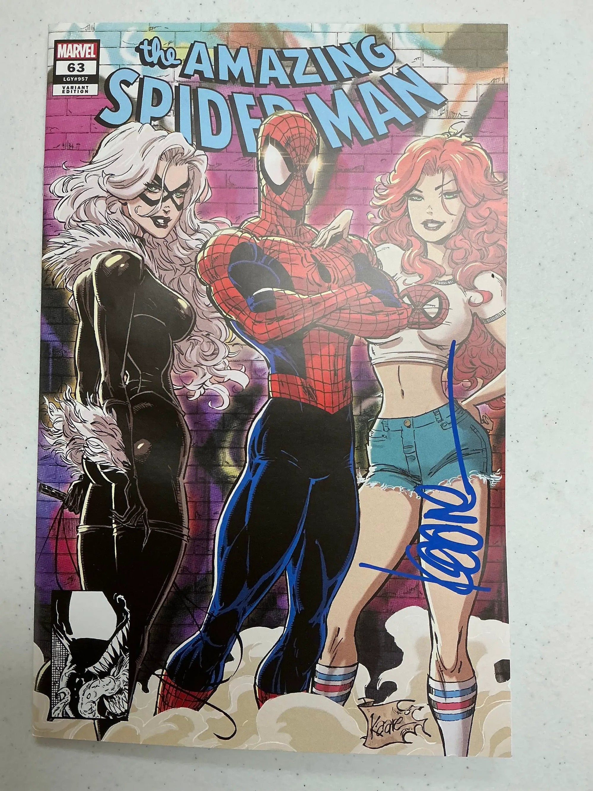 Signed Amazing Spider-Man #63 comic book by Kaare Andrews, Unknown Comics exclusive variant, featuring Spider-Man artwork.