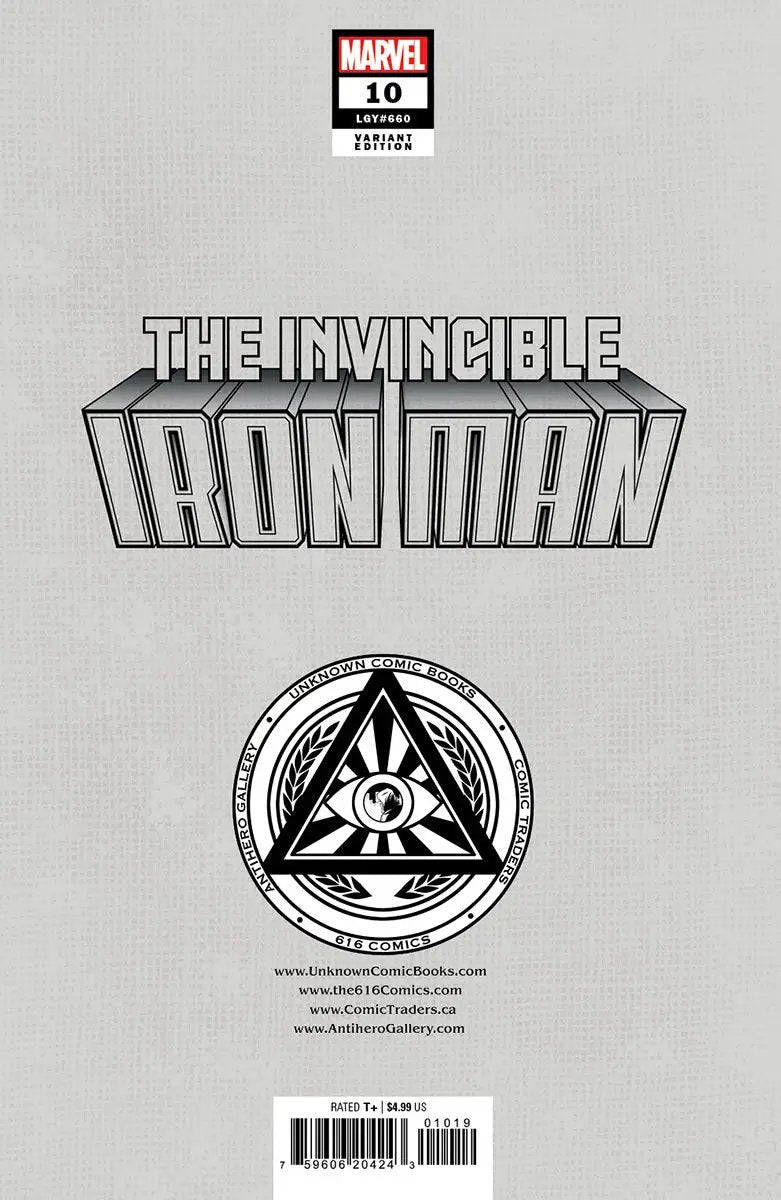 Signed Invincible Iron Man #10 comic book by Nathan Szerdy, Unknown Comics exclusive virgin variant, featuring detailed comic art.