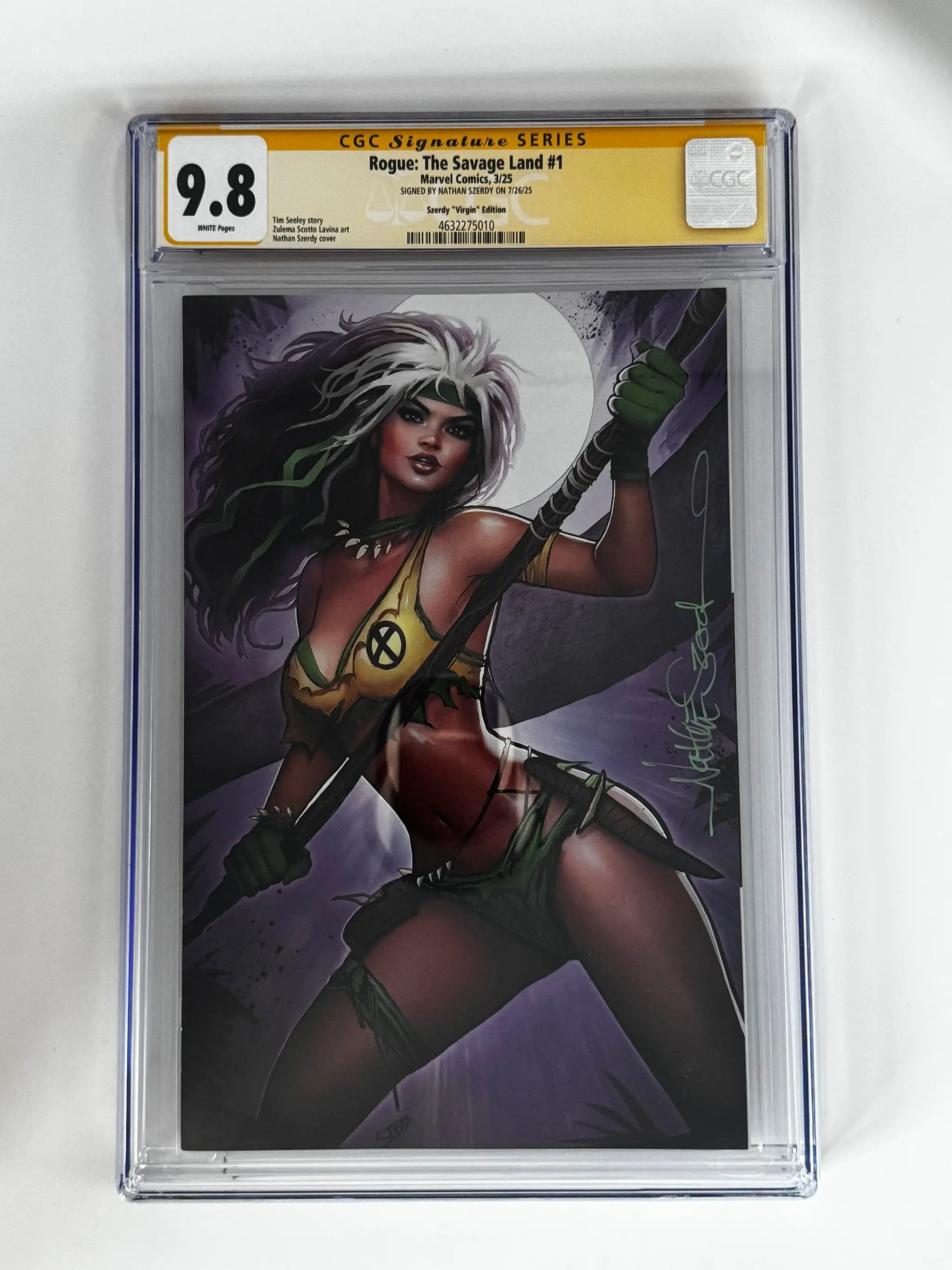 Signed Rogue The Savage Land #1 comic book by Nathan Szerdy, CGC 9.8 yellow label, Szerdy exclusive virgin variant, front cover image