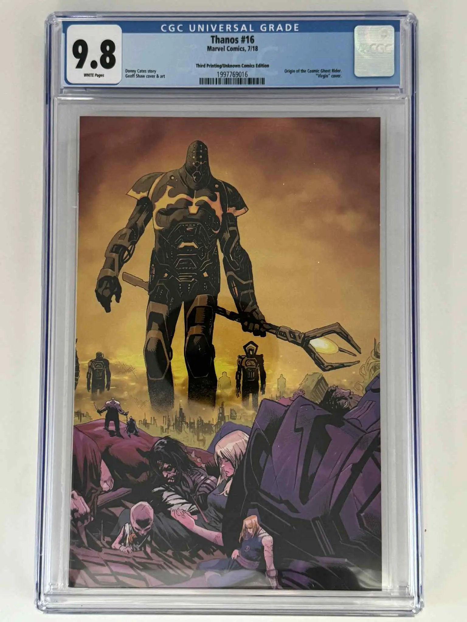 Comic book image of Thanos #14 CGC 9.8 Blue Label Virgin Variant by Geoff Shaw, featuring detailed cover art and CGC case.