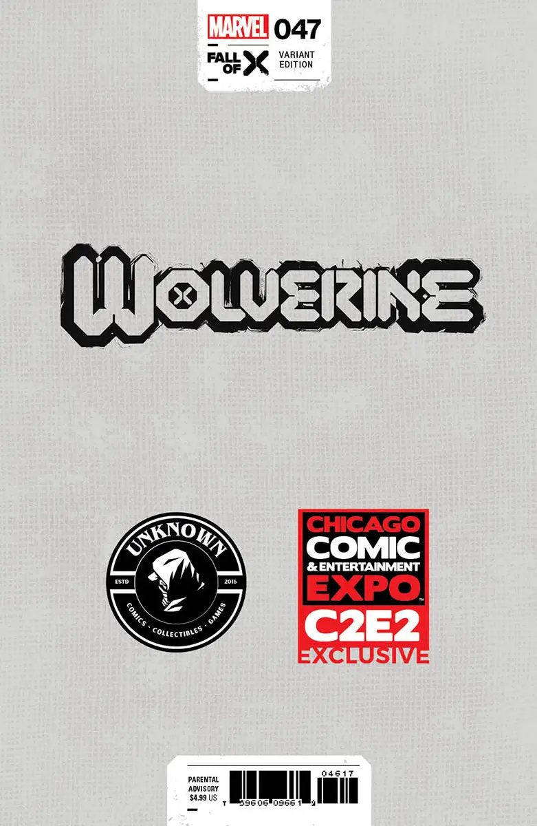 Comic book featuring Wolverine #47 by Unknown Comics, Mico Suayan exclusive Virgin variant, C2E2 2024 collectible.