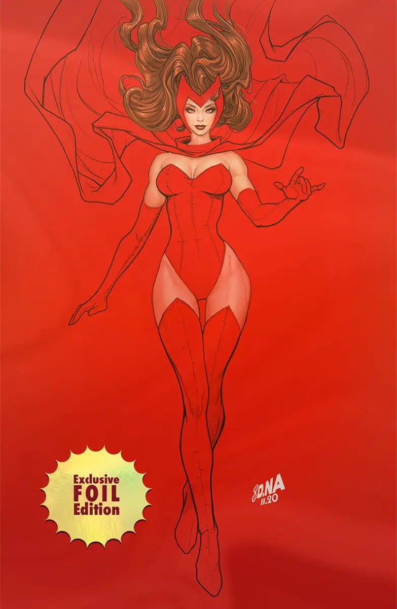 Scarlet Witch #4 comic book by Unknown Comics featuring exclusive foil Virgin cover with vibrant red and gold artwork.