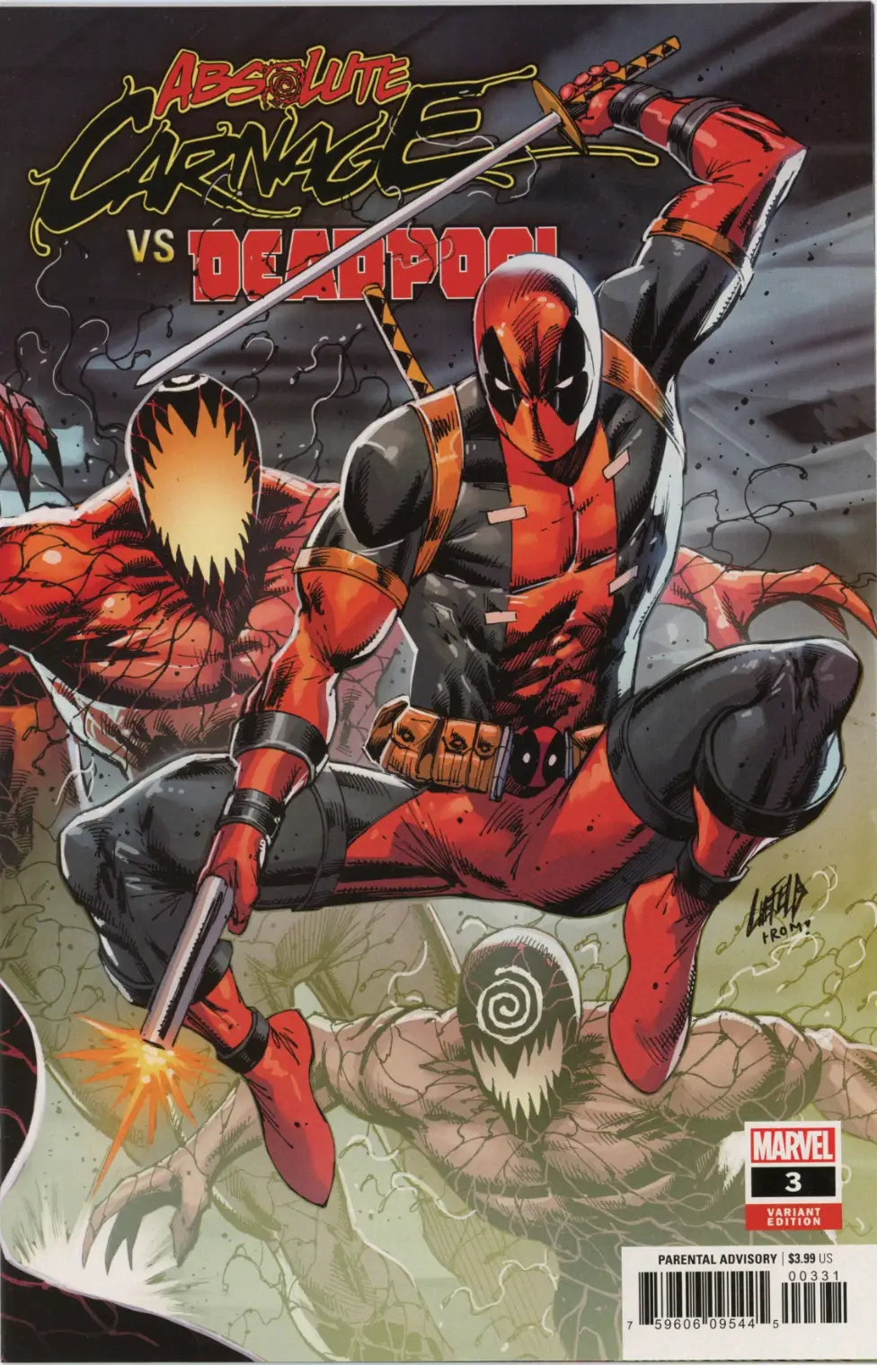 Comic book cover image of Absolute Carnage vs Deadpool #3 connecting variant, featuring vibrant artwork and dynamic characters.