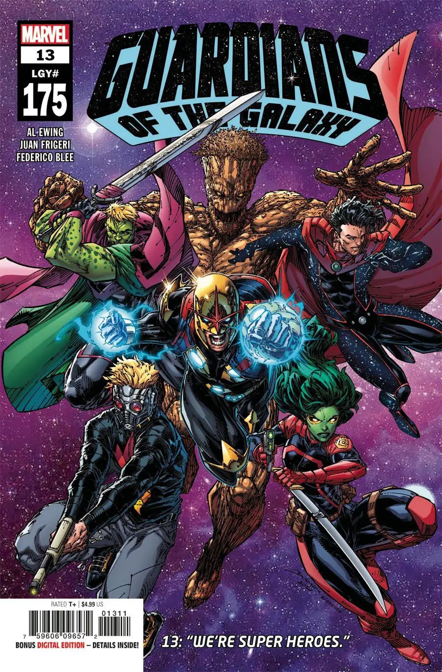 Cover of Guardians of the Galaxy #13 comic book published in April 2021, featuring Marvel superheroes in vibrant artwork.
